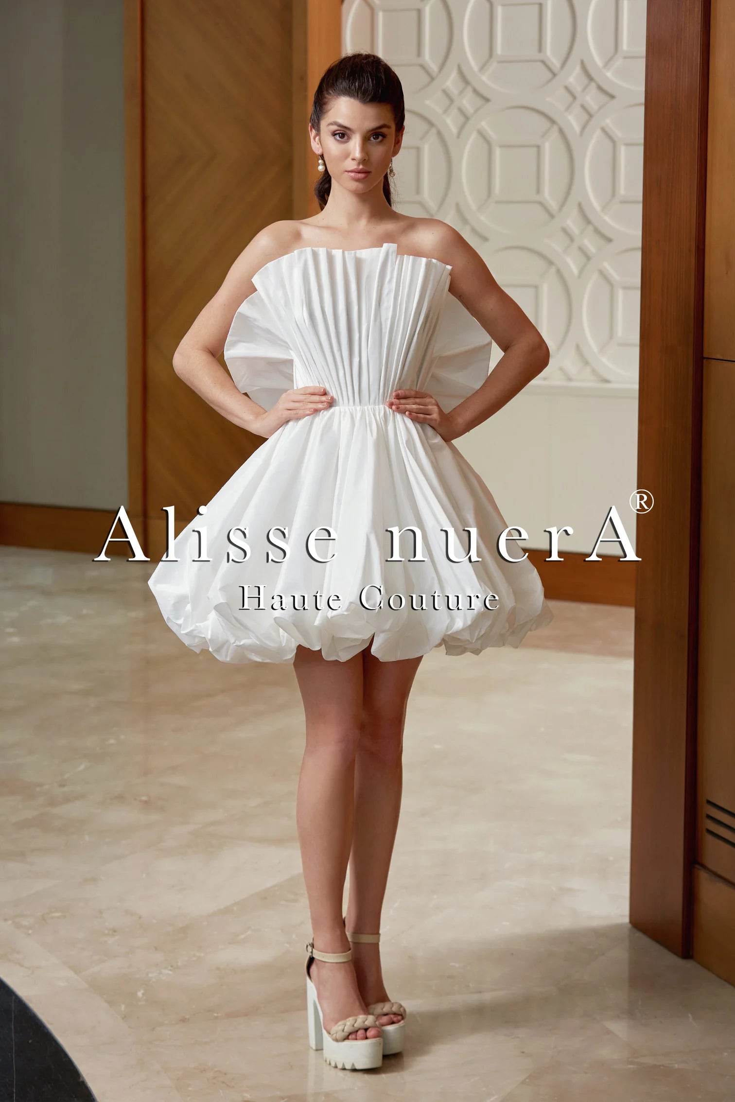 Balloon Skirted Strapless Special Design Mini Wedding Dress Model - Alisse Bridal 2 / White Balloon Skirted Strapless Special Design Mini Wedding Dress Model - Alisse Bridal 2 / White