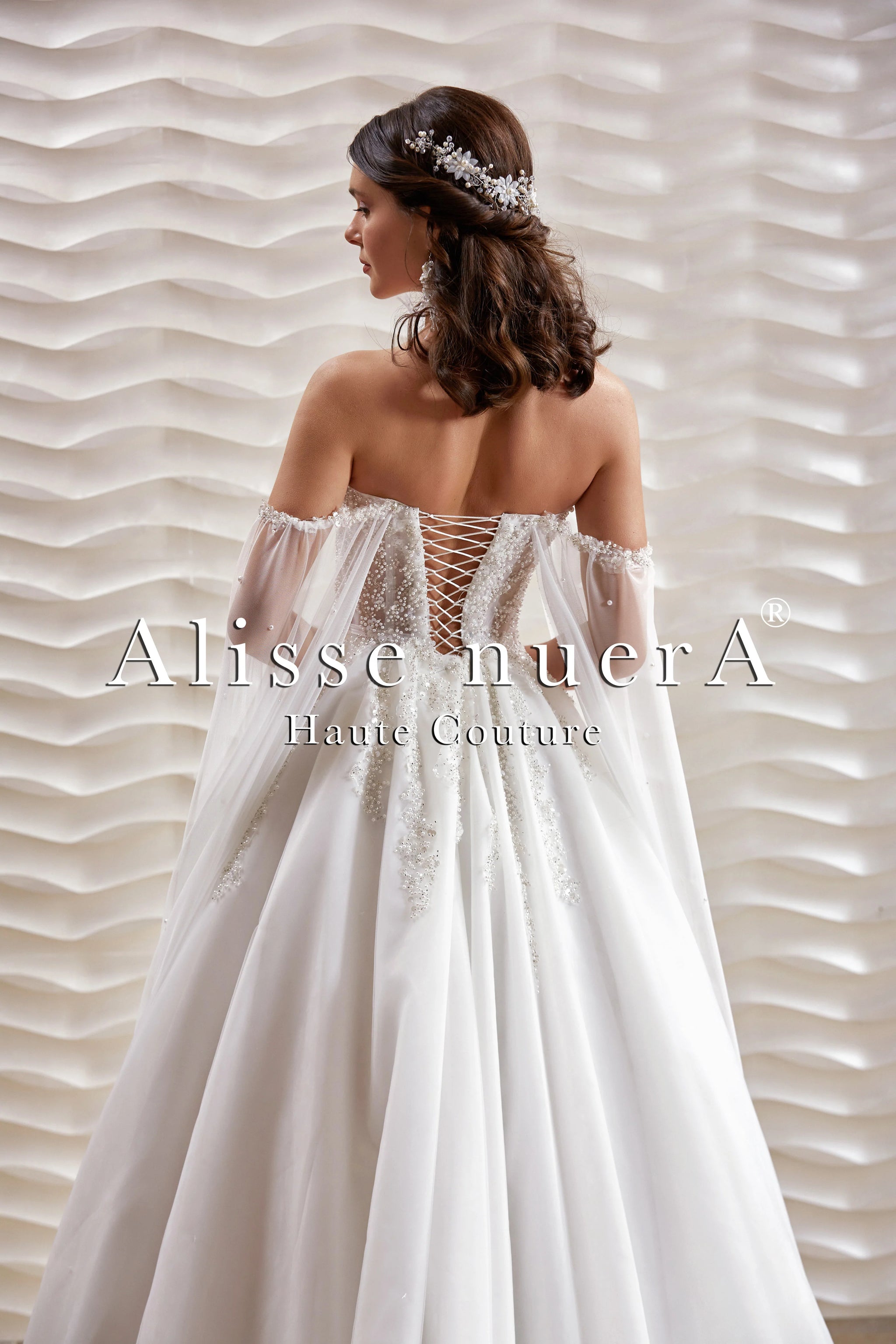 Cape Detailed Pearl Embroidered Empire Waist Wedding Dress - Alisse Bridal 6 / Off White / Tulle Cape Detailed Pearl Embroidered Empire Waist Wedding Dress - Alisse Bridal 6 / Off White / Tulle