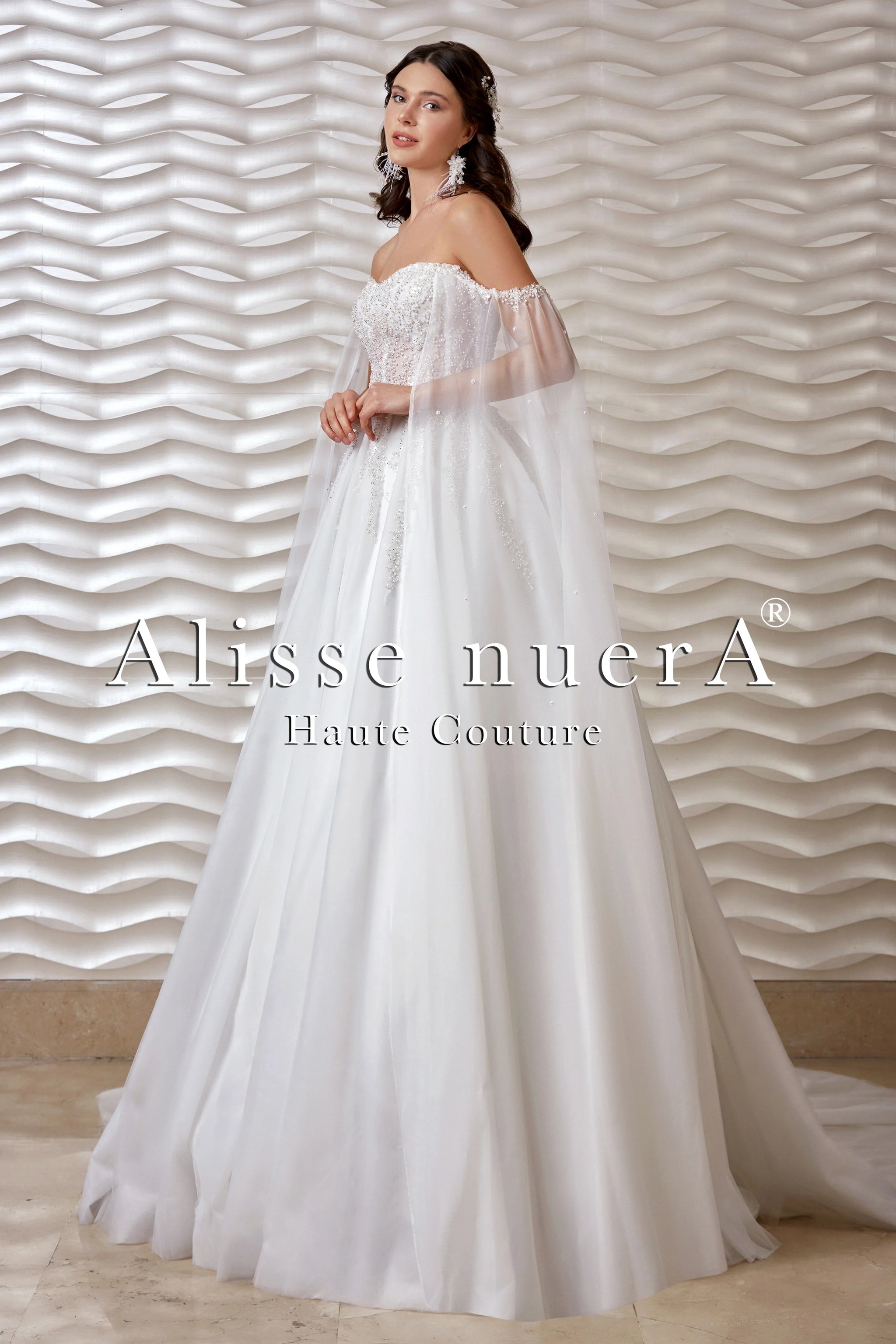 Cape Detailed Pearl Embroidered Empire Waist Wedding Dress