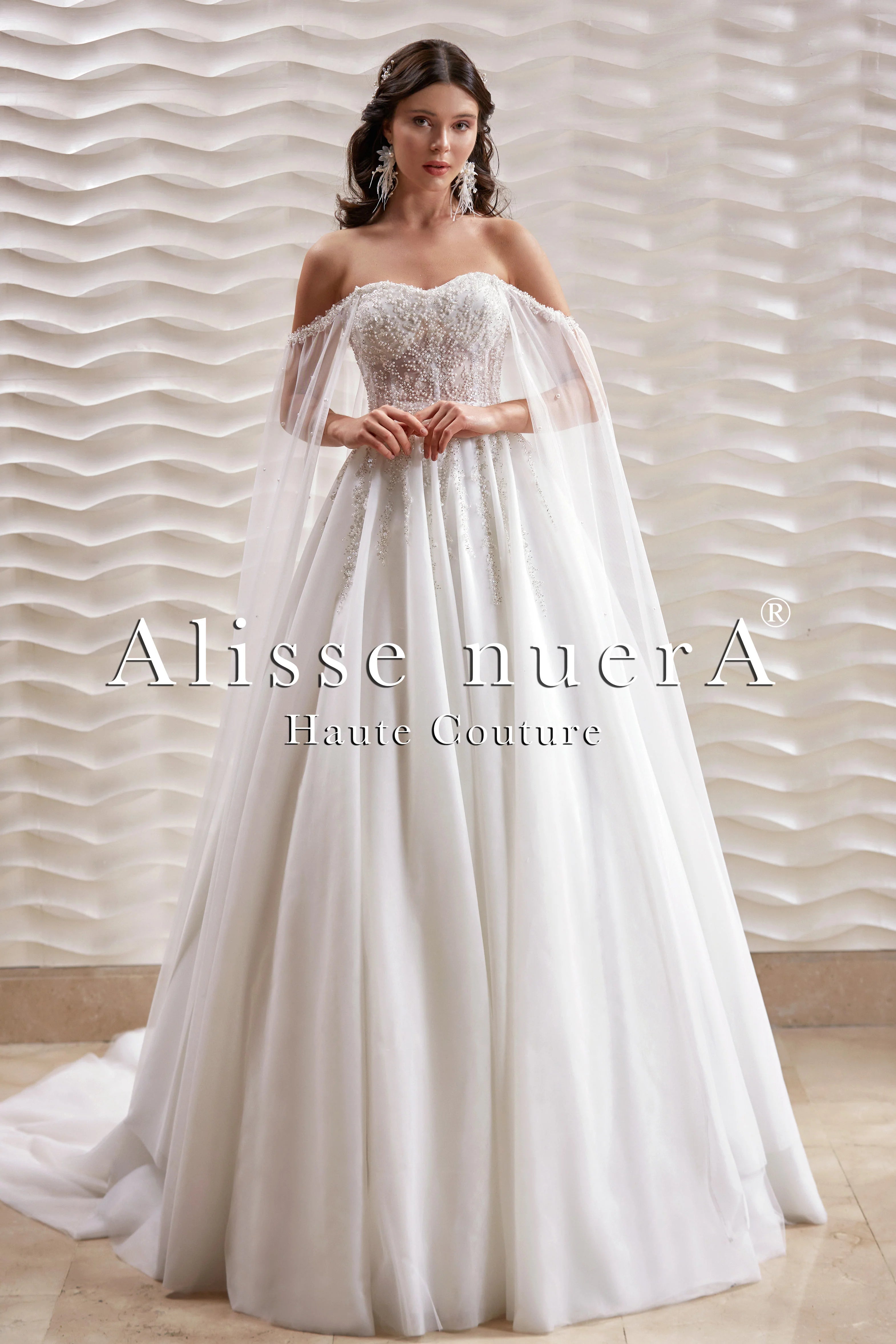 Cape Detailed Pearl Embroidered Empire Waist Wedding Dress - Alisse Bridal 6 / Off White / Tulle Cape Detailed Pearl Embroidered Empire Waist Wedding Dress - Alisse Bridal 6 / Off White / Tulle