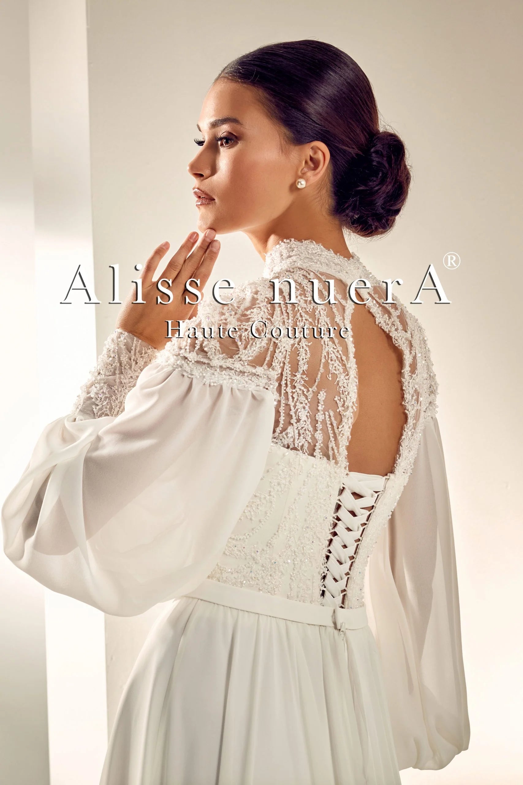 turtleneck wedding dress Chiffon Sleeve Turtleneck Wedding Dress with Pearl Stone Beadwork
