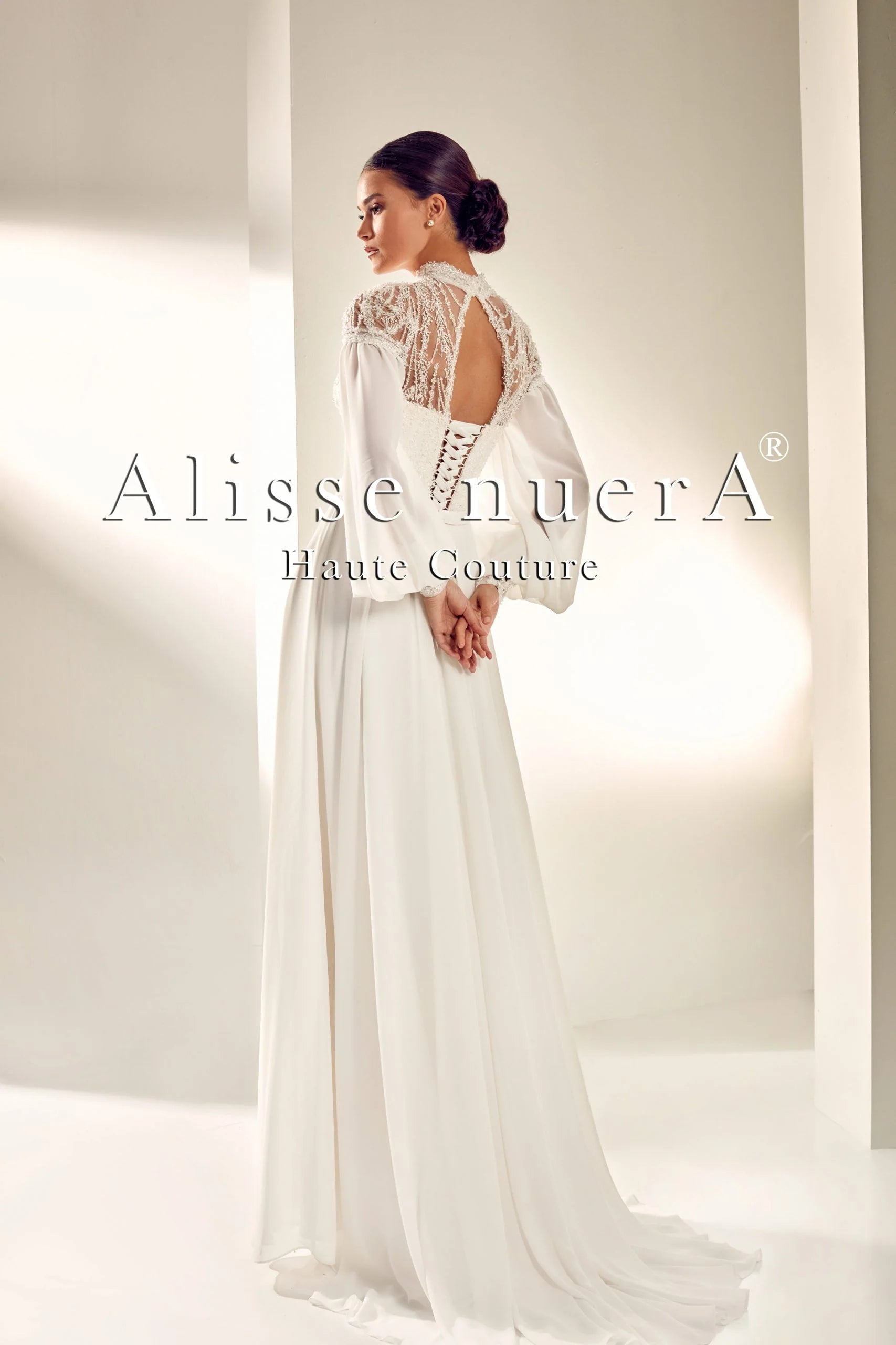 Chiffon Sleeve Turtleneck Wedding Dress with Pearl Stone Beadwork Chiffon Sleeve Turtleneck Wedding Dress with Pearl Stone Beadwork