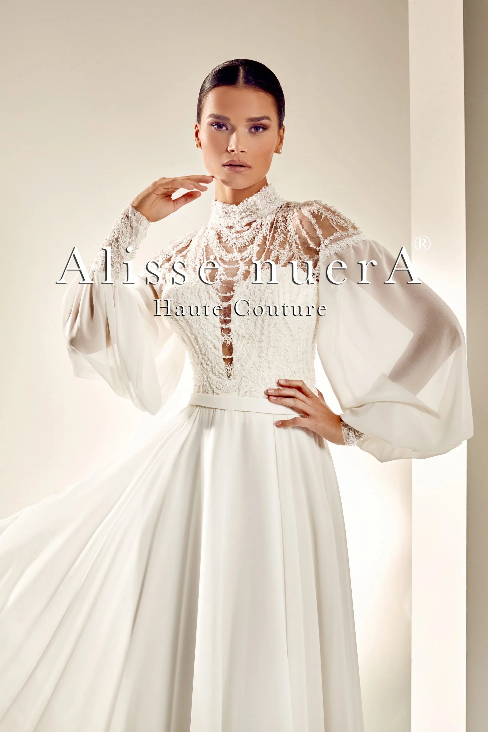 Chiffon Sleeve Turtleneck Wedding Dress with Pearl Stone Beadwork