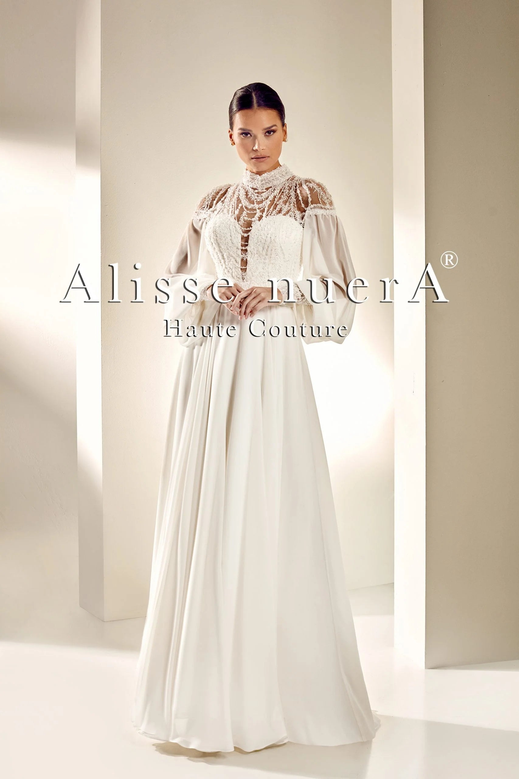 Chiffon Sleeve Turtleneck Wedding Dress with Pearl Stone Beadwork