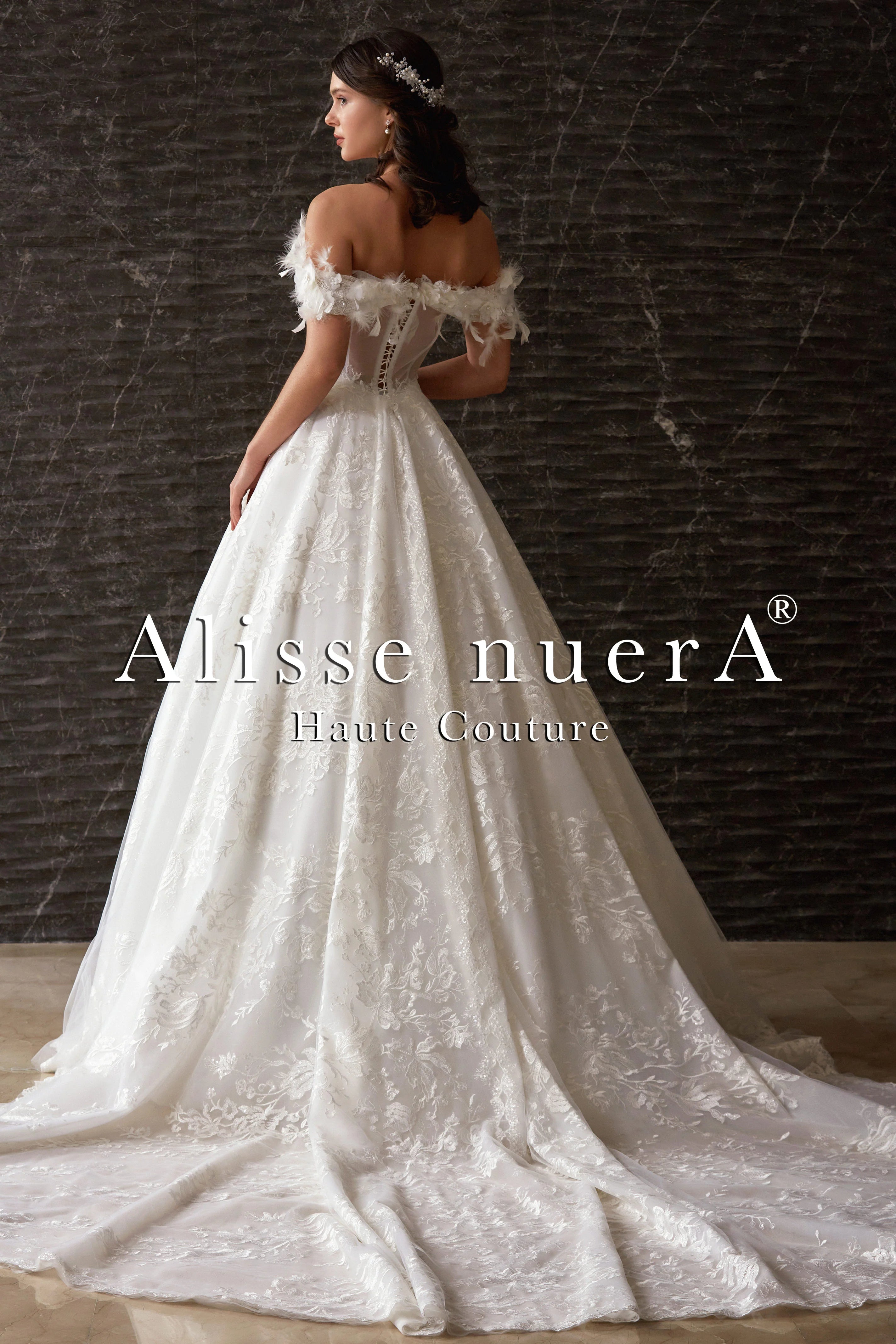 Corset Design Off Shoulder Feather Sleeve Garden Wedding Dress - Alisse Bridal Off White / Lace - Tulle / 4 Corset Design Off Shoulder Feather Sleeve Garden Wedding Dress - Alisse Bridal Off White / Lace - Tulle / 4