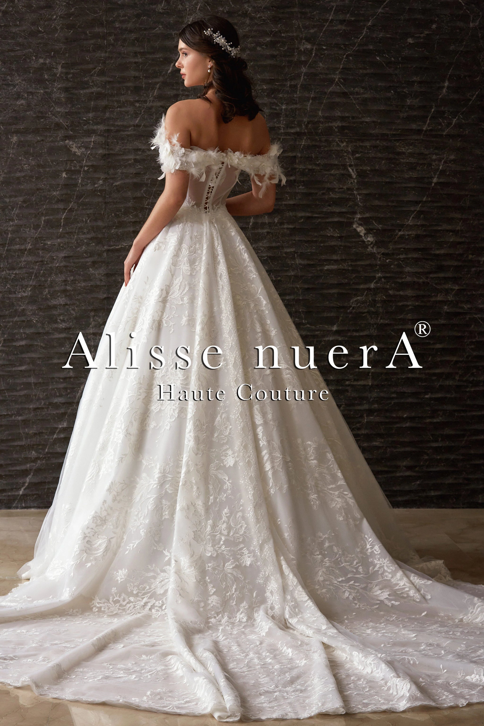 off shoulder wedding dress designs Corset Design Off Shoulder Feather Sleeve Garden Wedding Dress - Alisse Bridal Off White / Lace