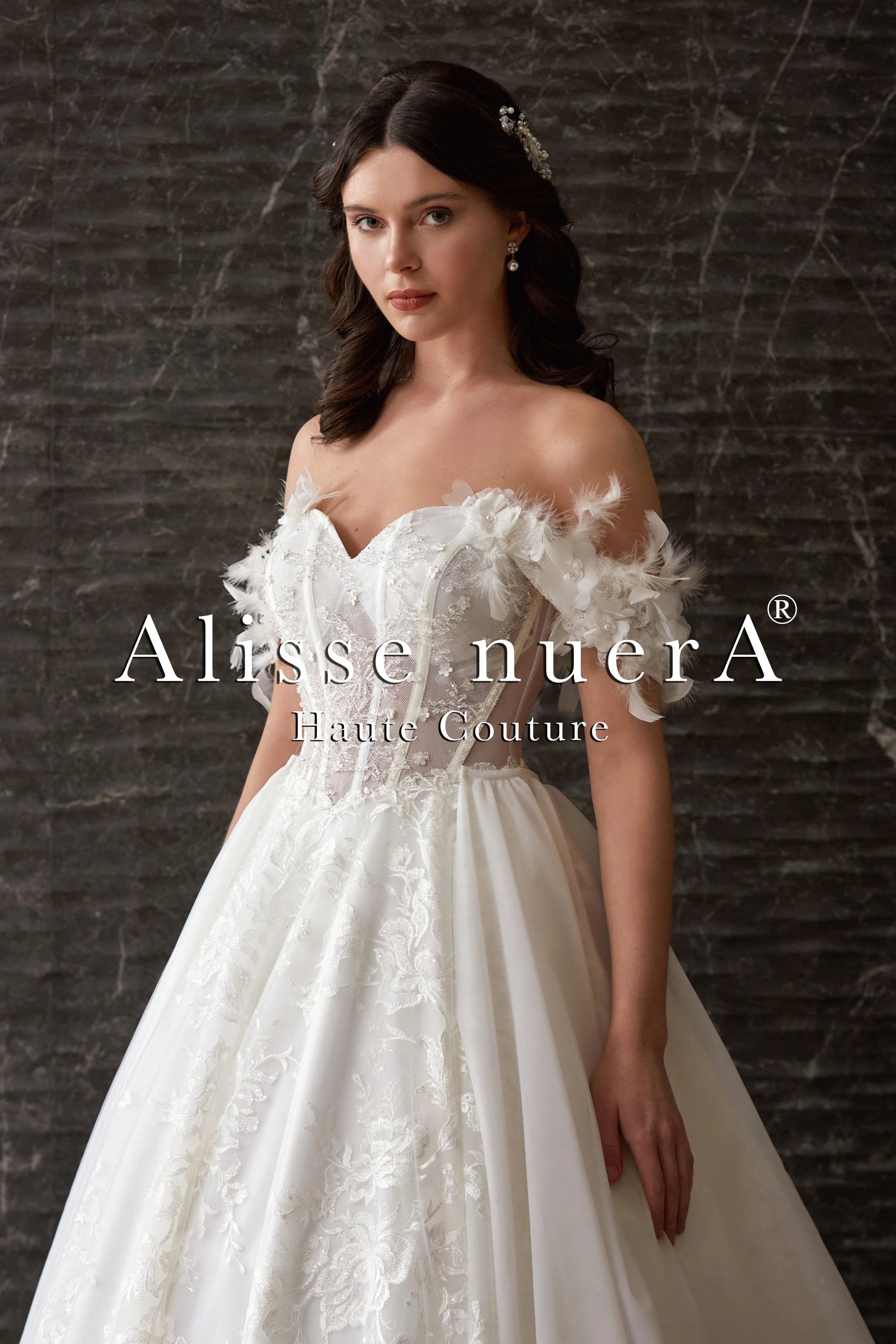 Corset Design Off Shoulder Feather Sleeve Garden Wedding Dress - Alisse Bridal Off White / Lace - Tulle / 4 Corset Design Off Shoulder Feather Sleeve Garden Wedding Dress - Alisse Bridal Off White / Lace - Tulle / 4
