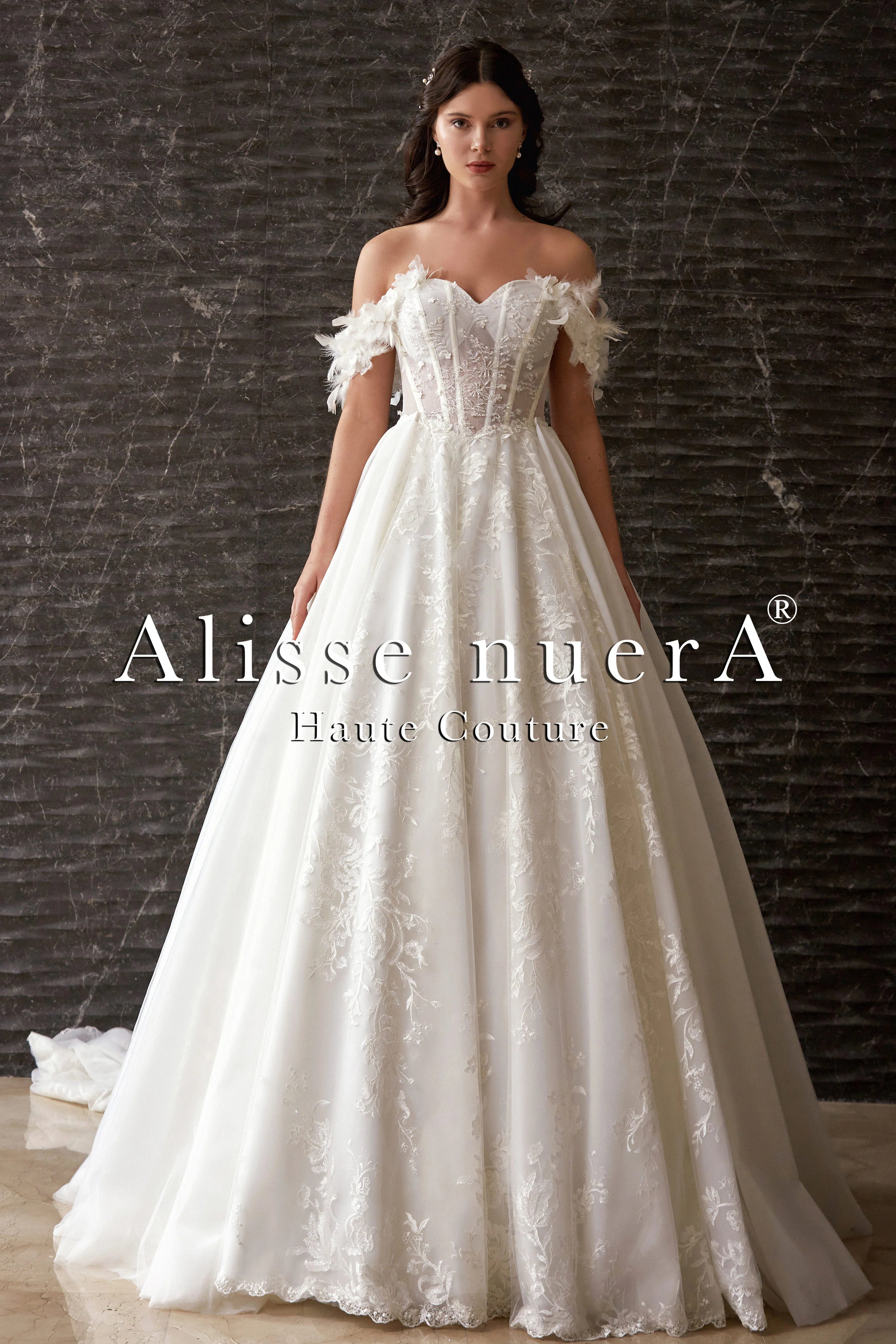 Corset Design Off Shoulder Feather Sleeve Garden Wedding Dress - Alisse Bridal Off White / Lace - Tulle / 4 Corset Design Off Shoulder Feather Sleeve Garden Wedding Dress - Alisse Bridal Off White / Lace - Tulle / 4