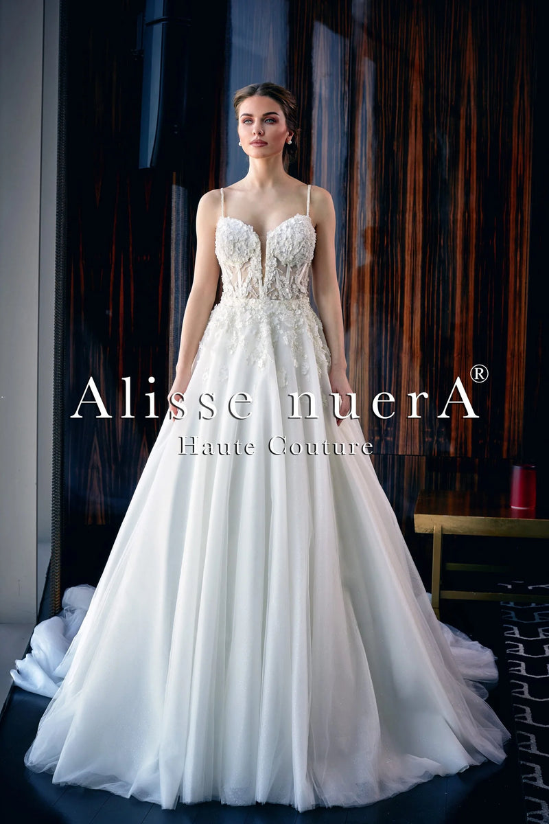 Corset Illusion Spaghetti Strap Floral Off White Bridal Dress with ...