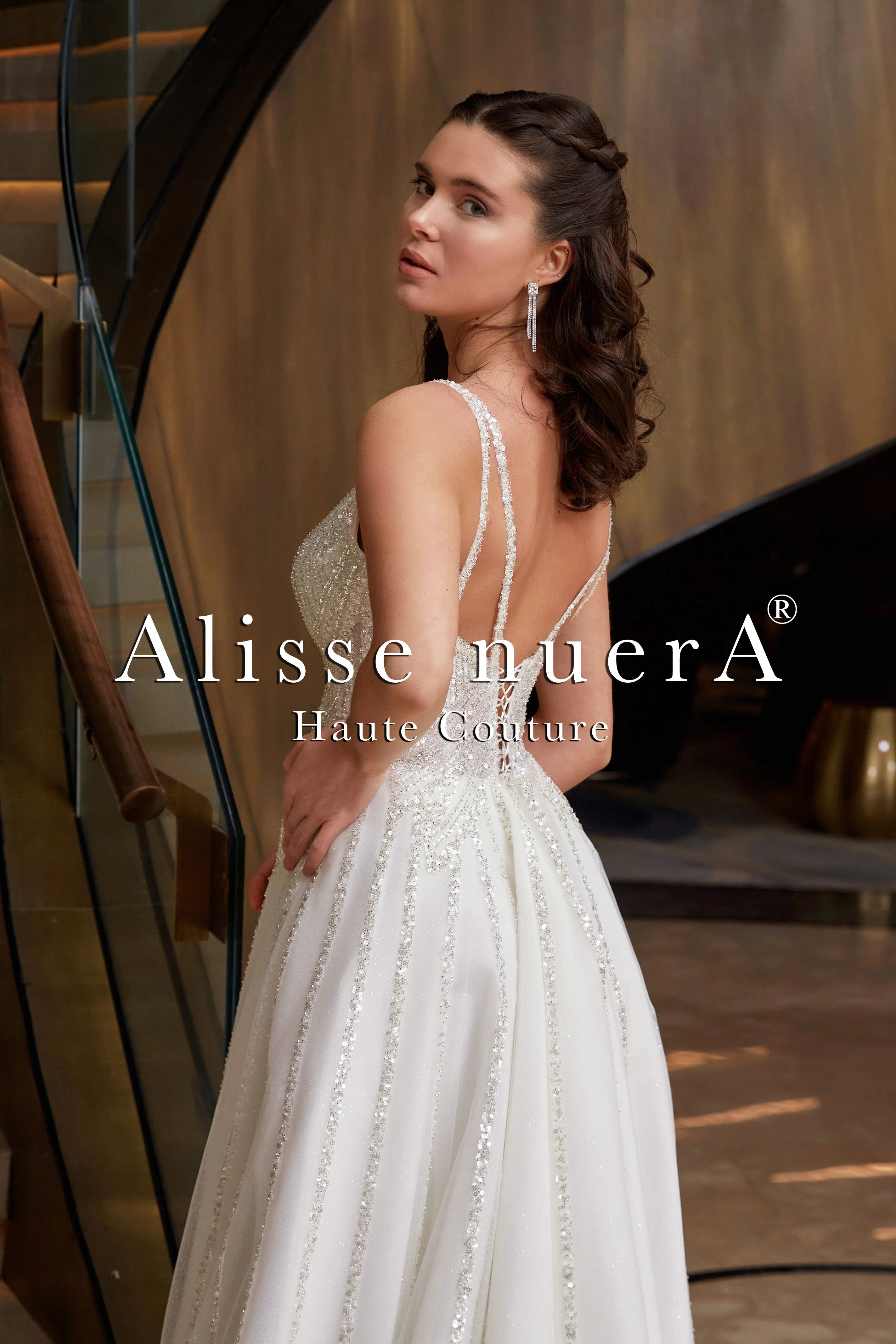 Criss Cross Strap Silver Sequin Embellished A Line Wedding Dress with One Side Split Skirt - Alisse Bridal Winter/Diamond White / Tulle - Lace / 30 Criss Cross Strap Silver Sequin Embellished A Line Wedding Dress with One Side Split Skirt - Alisse Bridal Winter/Diamond White / Tulle - Lace / 30