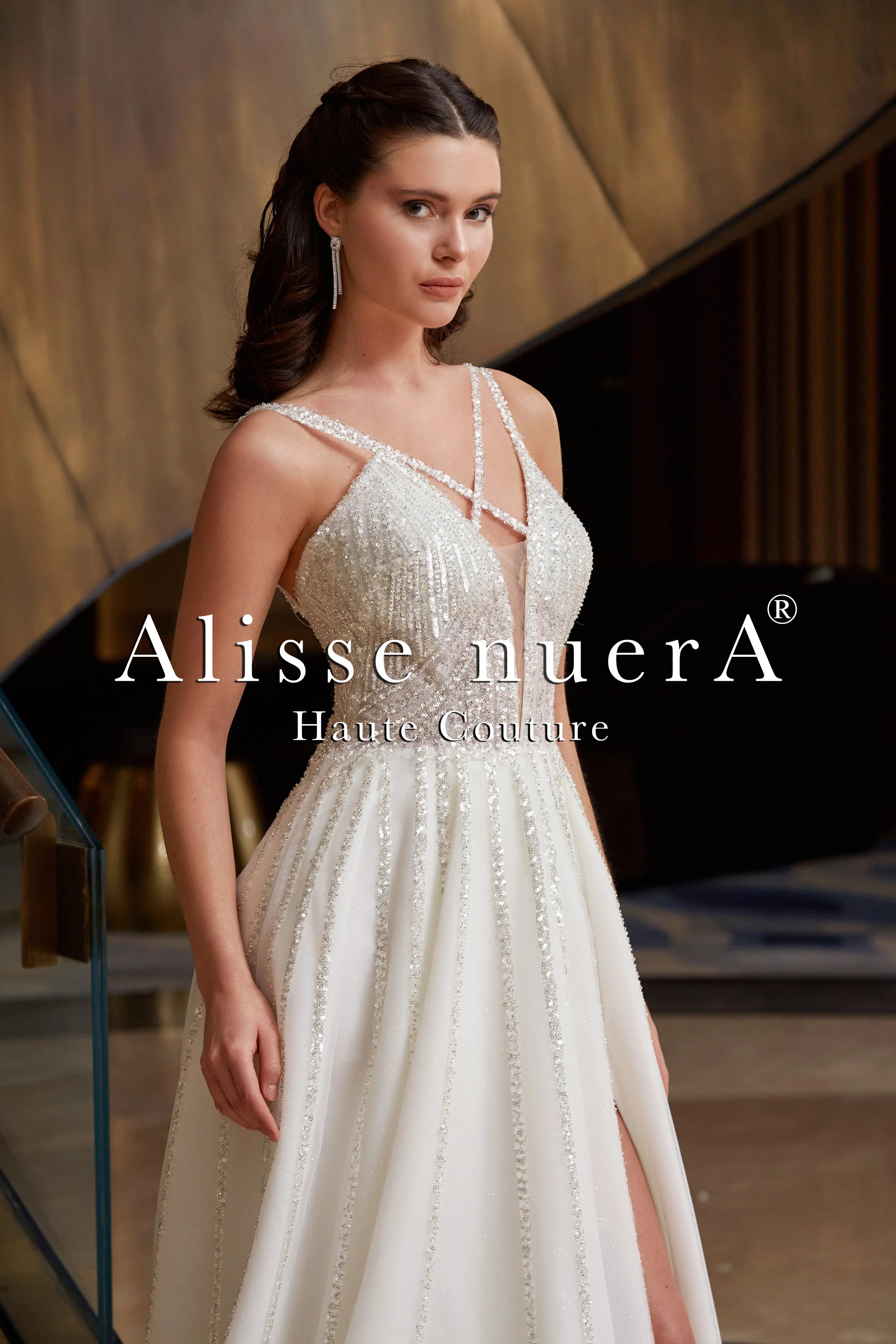 Criss Cross Strap Silver Sequin Embellished A Line Wedding Dress with One Side Split Skirt - Alisse Bridal Winter/Diamond White / Tulle - Lace / 30 Criss Cross Strap Silver Sequin Embellished A Line Wedding Dress with One Side Split Skirt - Alisse Bridal Winter/Diamond White / Tulle - Lace / 30