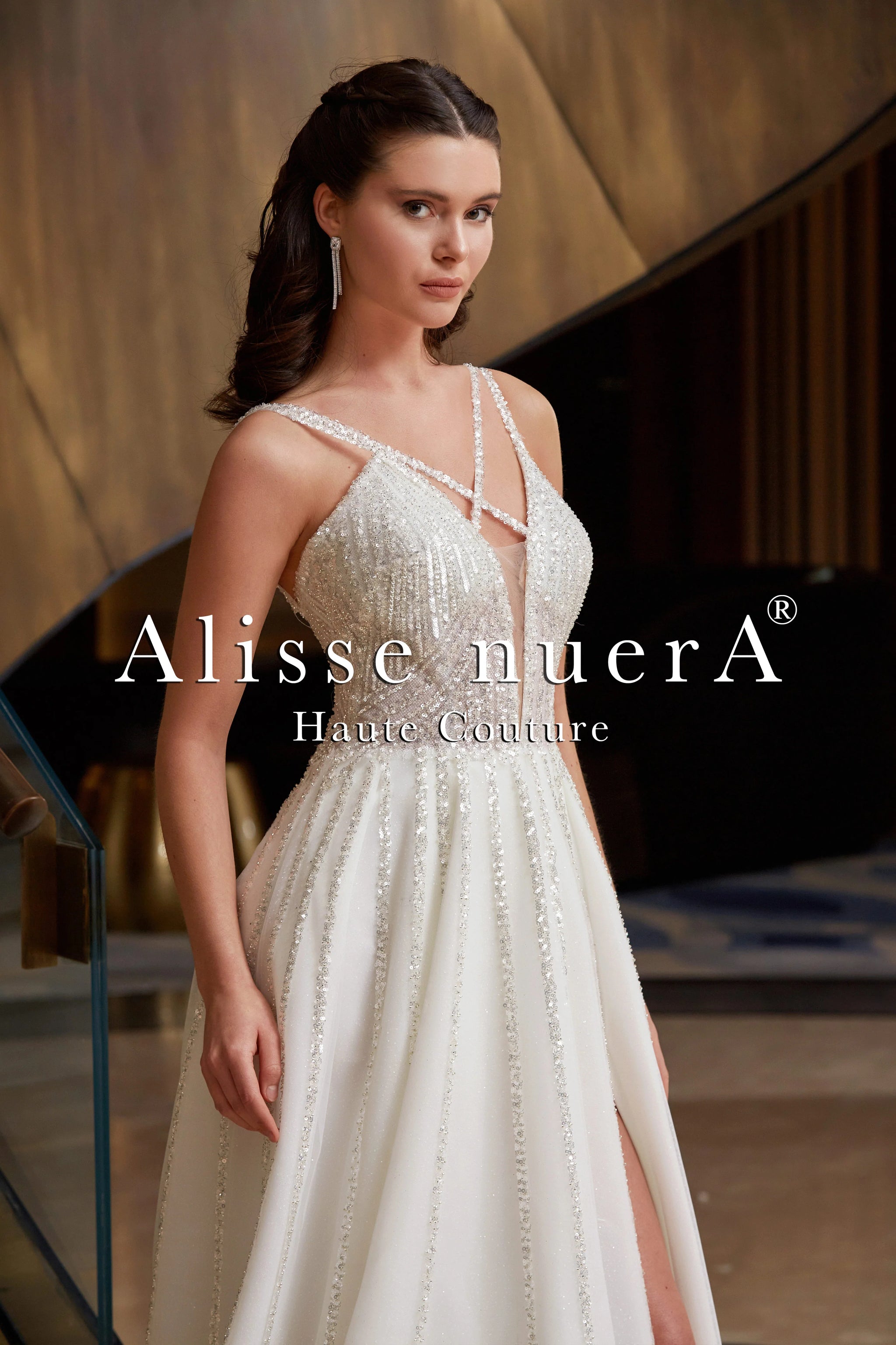 Criss Cross Strap Silver Sequin Embellished A Line Wedding Dress with One Side Split Skirt - Alisse Bridal Winter/Diamond White / Tulle - Lace / 10 Criss Cross Strap Silver Sequin Embellished A Line Wedding Dress with One Side Split Skirt - Alisse Bridal Winter/Diamond White / Tulle - Lace / 10