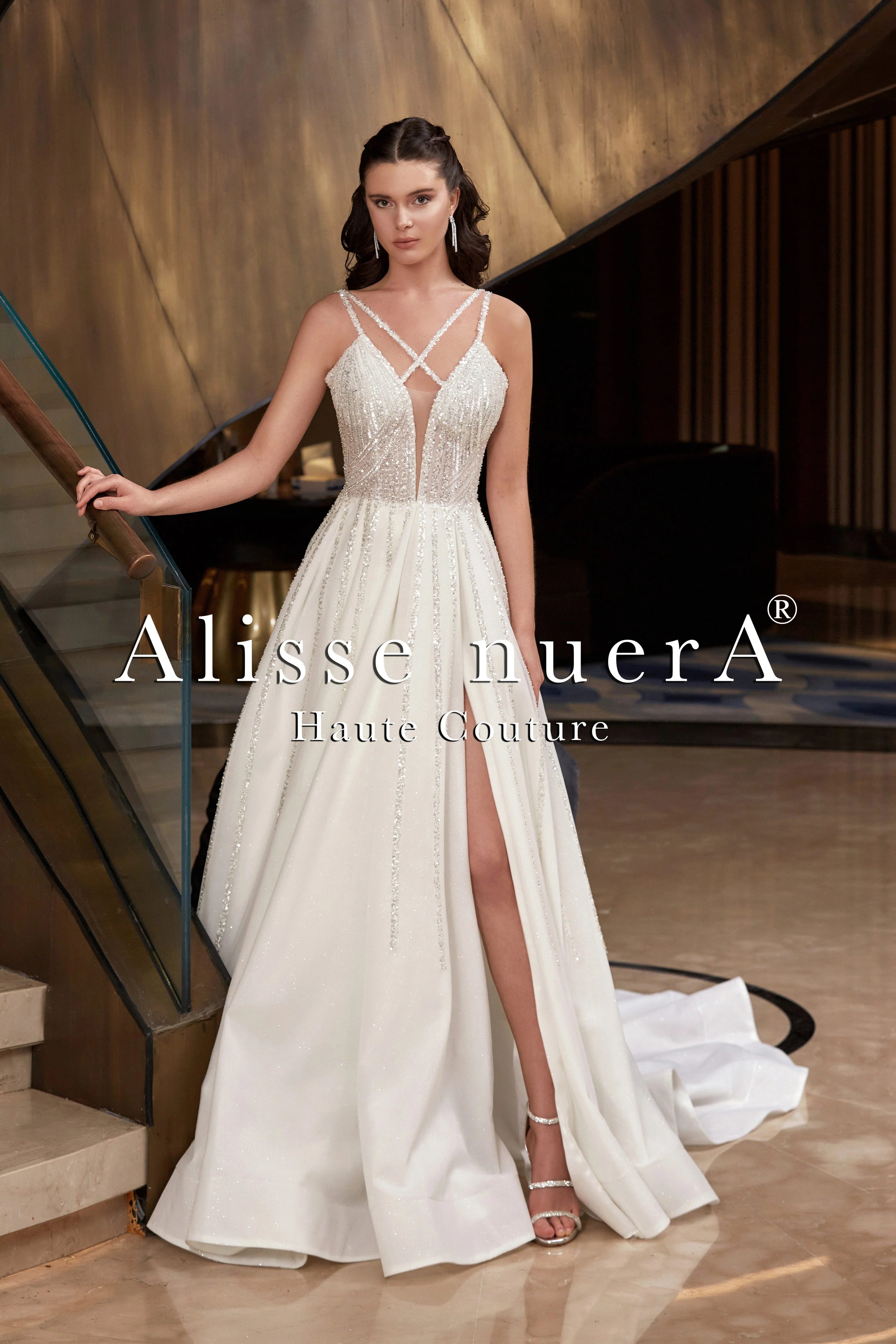 Criss Cross Strap Silver Sequin Embellished A Line Wedding Dress with One Side Split Skirt - Alisse Bridal Winter/Diamond White / Tulle - Lace / 10 Criss Cross Strap Silver Sequin Embellished A Line Wedding Dress with One Side Split Skirt - Alisse Bridal Winter/Diamond White / Tulle - Lace / 10