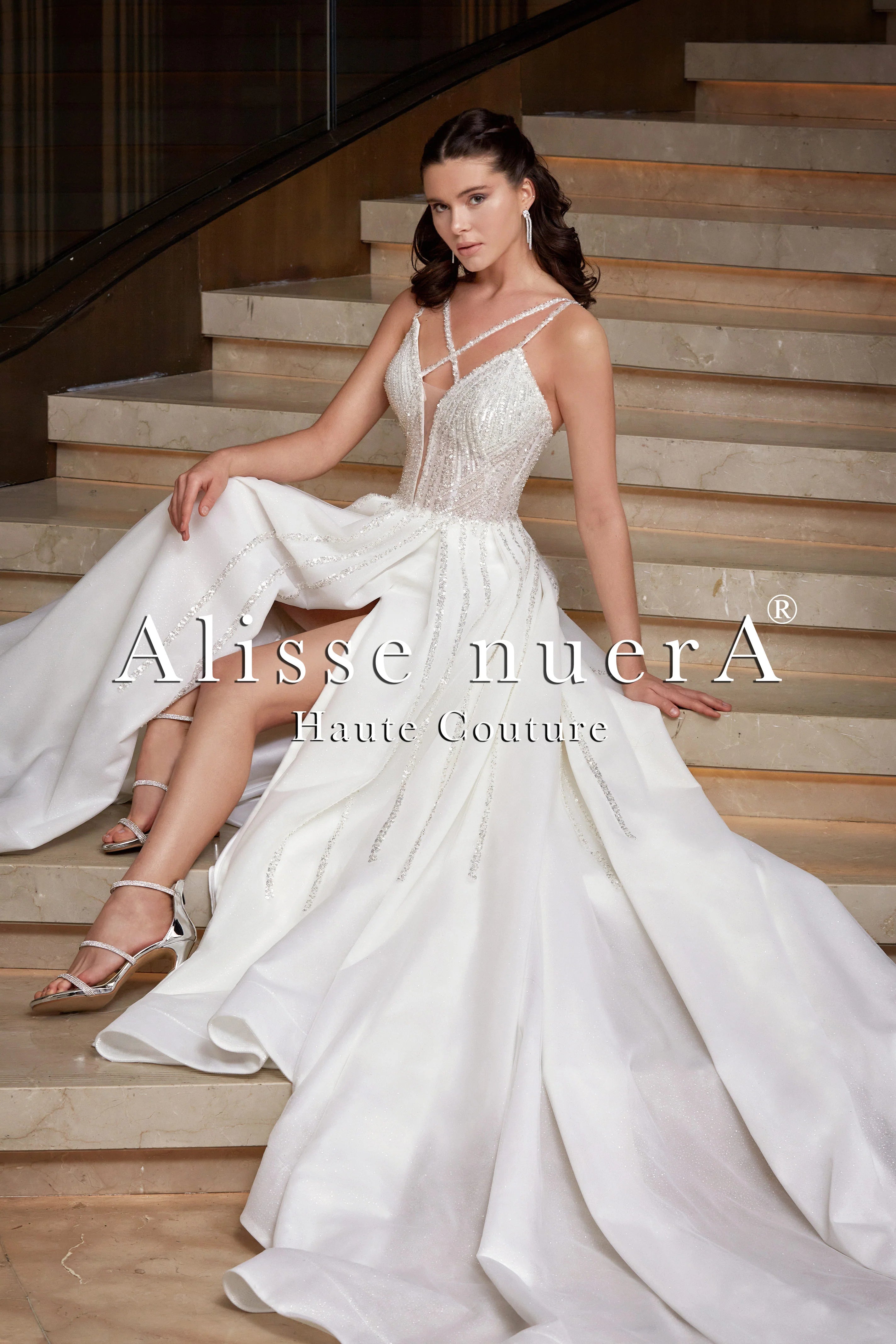 Criss Cross Strap Silver Sequin Embellished A Line Wedding Dress with One Side Split Skirt - Alisse Bridal Winter/Diamond White / Tulle - Lace / 30 Criss Cross Strap Silver Sequin Embellished A Line Wedding Dress with One Side Split Skirt - Alisse Bridal Winter/Diamond White / Tulle - Lace / 30