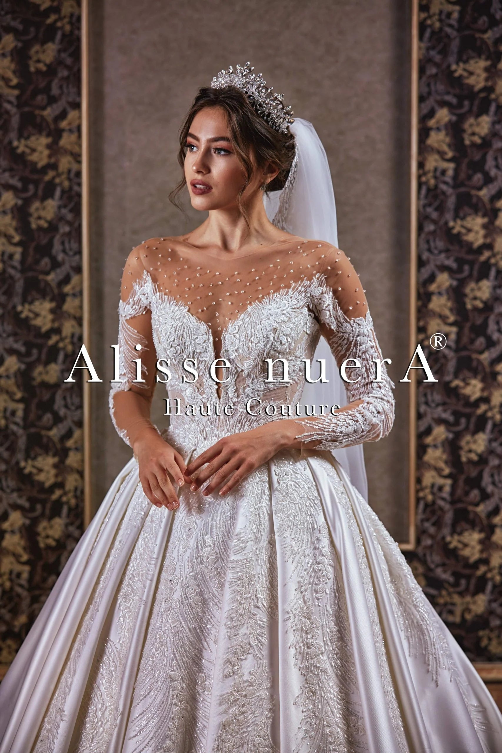 Crystal Beaded Sheer Illusion Sweetheart Neckline Satin Pleated Wedding Gown - Alisse Bridal Winter White / Satin - Crystal Beaded / 14 Crystal Beaded Sheer Illusion Sweetheart Neckline Satin Pleated Wedding Gown - Alisse Bridal Winter White / Satin - Crystal Beaded / 14