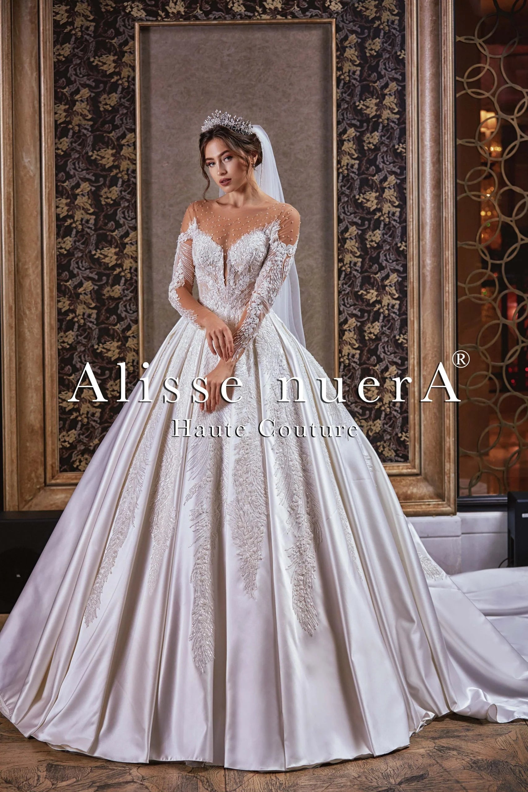 Crystal Beaded Sheer Illusion Sweetheart Neckline Satin Pleated Wedding Gown - Alisse Bridal Winter White / Satin - Crystal Beaded / 14 Crystal Beaded Sheer Illusion Sweetheart Neckline Satin Pleated Wedding Gown - Alisse Bridal Winter White / Satin - Crystal Beaded / 14