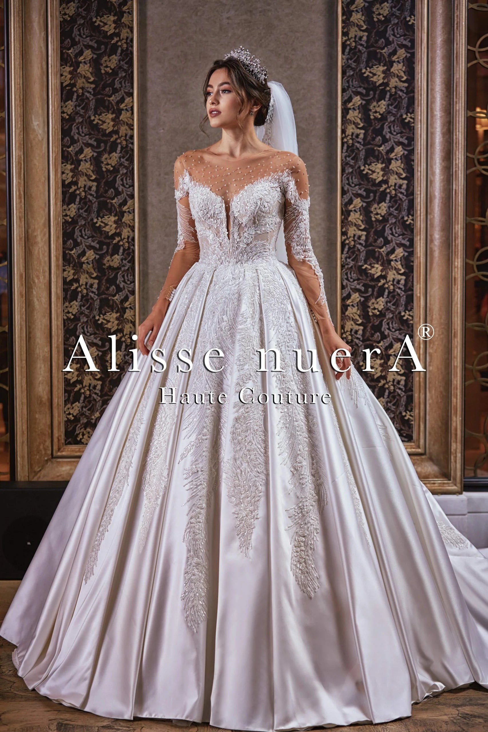 Crystal Beaded Sheer Illusion Sweetheart Neckline Satin Pleated Wedding Gown - Alisse Bridal Winter White / Satin - Crystal Beaded / 14 Crystal Beaded Sheer Illusion Sweetheart Neckline Satin Pleated Wedding Gown - Alisse Bridal Winter White / Satin - Crystal Beaded / 14
