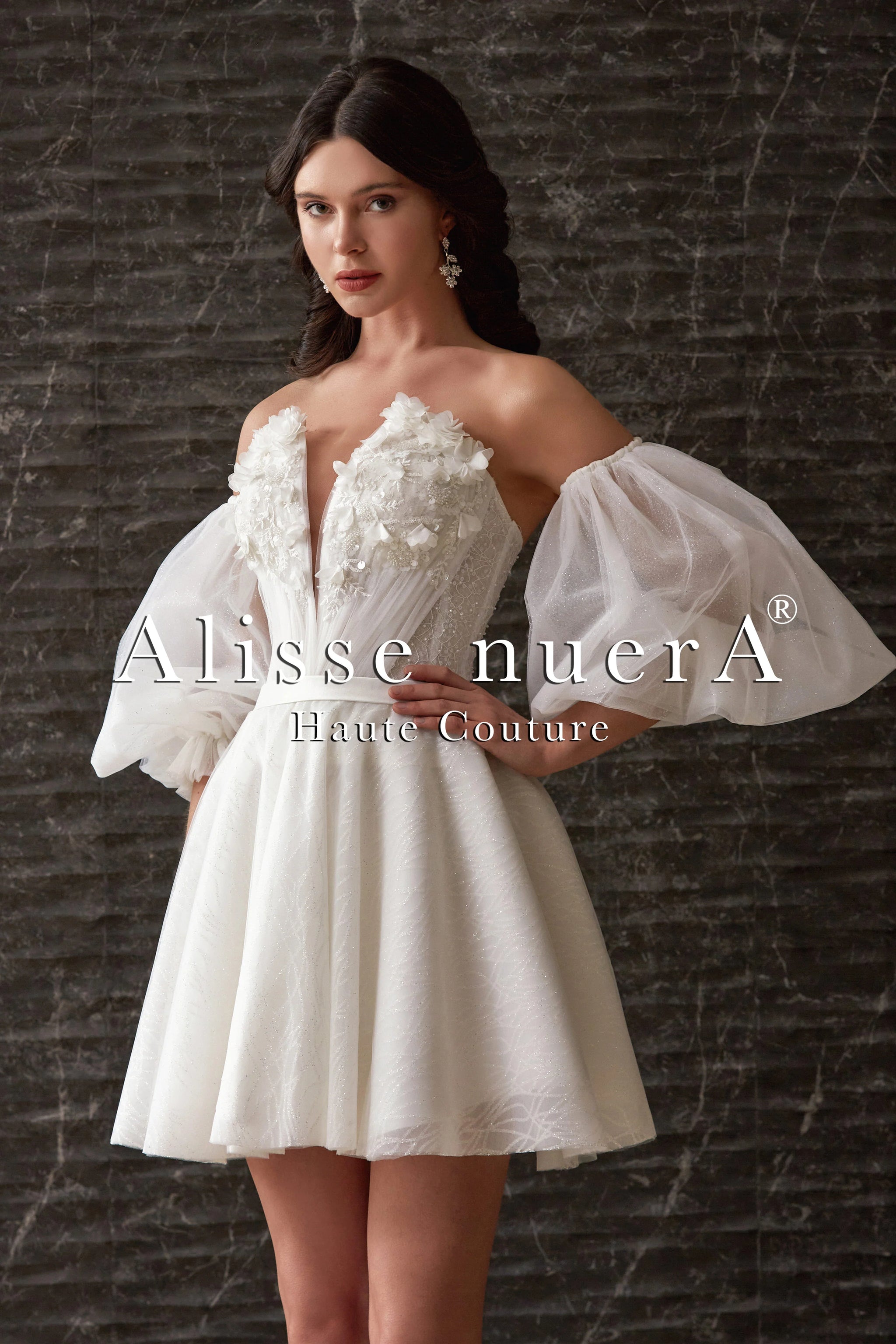 Detachable Balloon Sleeve 3D Effect Floral Top Mini Bridal Dress with Removable Pleated Skirt Off White / Lace - Tulle / 6 Detachable Balloon Sleeve 3D Effect Floral Top Mini Bridal Dress with Removable Pleated Skirt Off White / Lace - Tulle / 6