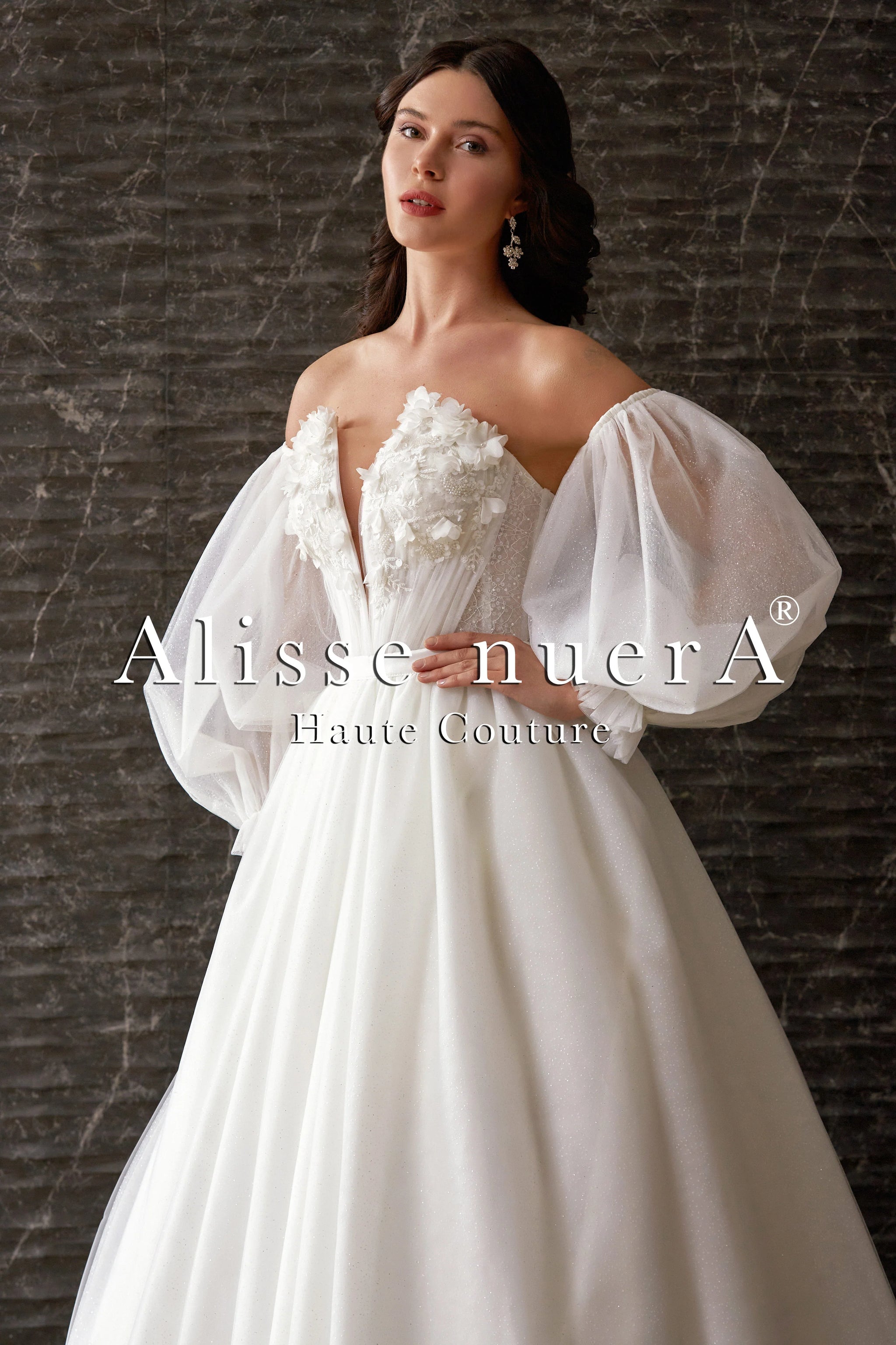Detachable Balloon Sleeve 3D Effect Floral Top Mini Bridal Dress with Removable Pleated Skirt Off White / Lace - Tulle / 32