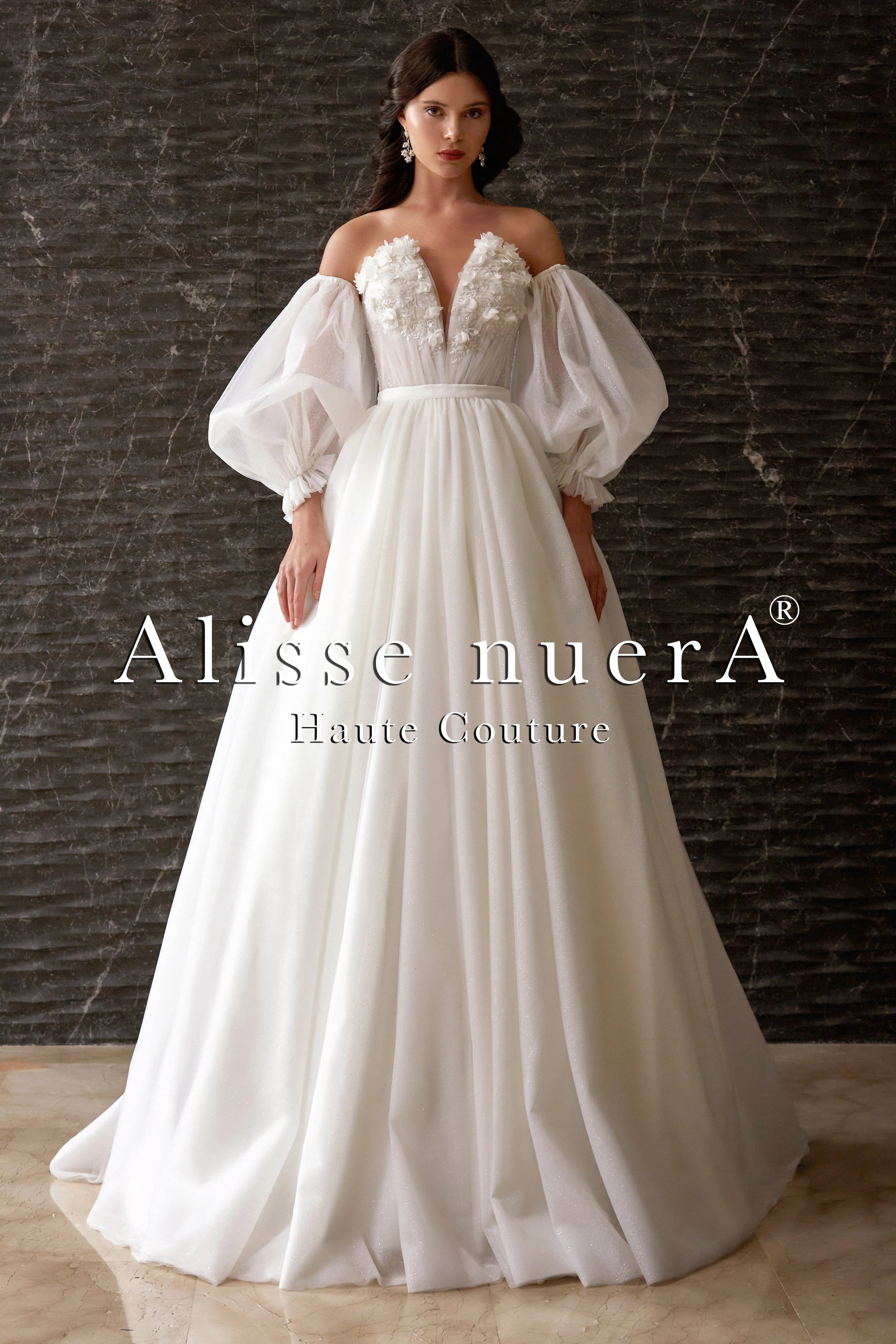 Detachable Balloon Sleeve 3D Effect Floral Top Mini Bridal Dress with Removable Pleated Skirt Off White / Lace - Tulle / 6 Detachable Balloon Sleeve 3D Effect Floral Top Mini Bridal Dress with Removable Pleated Skirt Off White / Lace - Tulle / 6