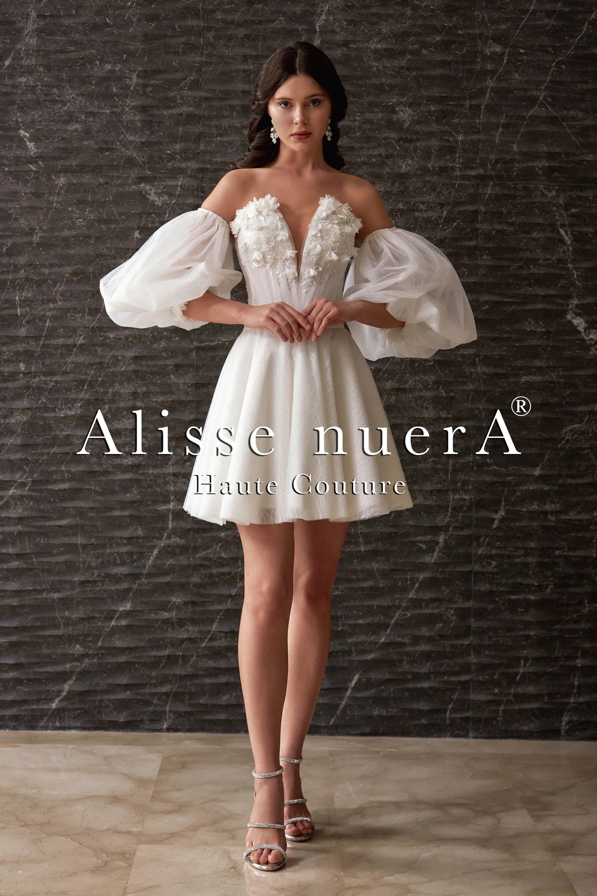 Detachable Balloon Sleeve 3D Effect Floral Top Mini Bridal Dress with Removable Pleated Skirt Off White / Lace