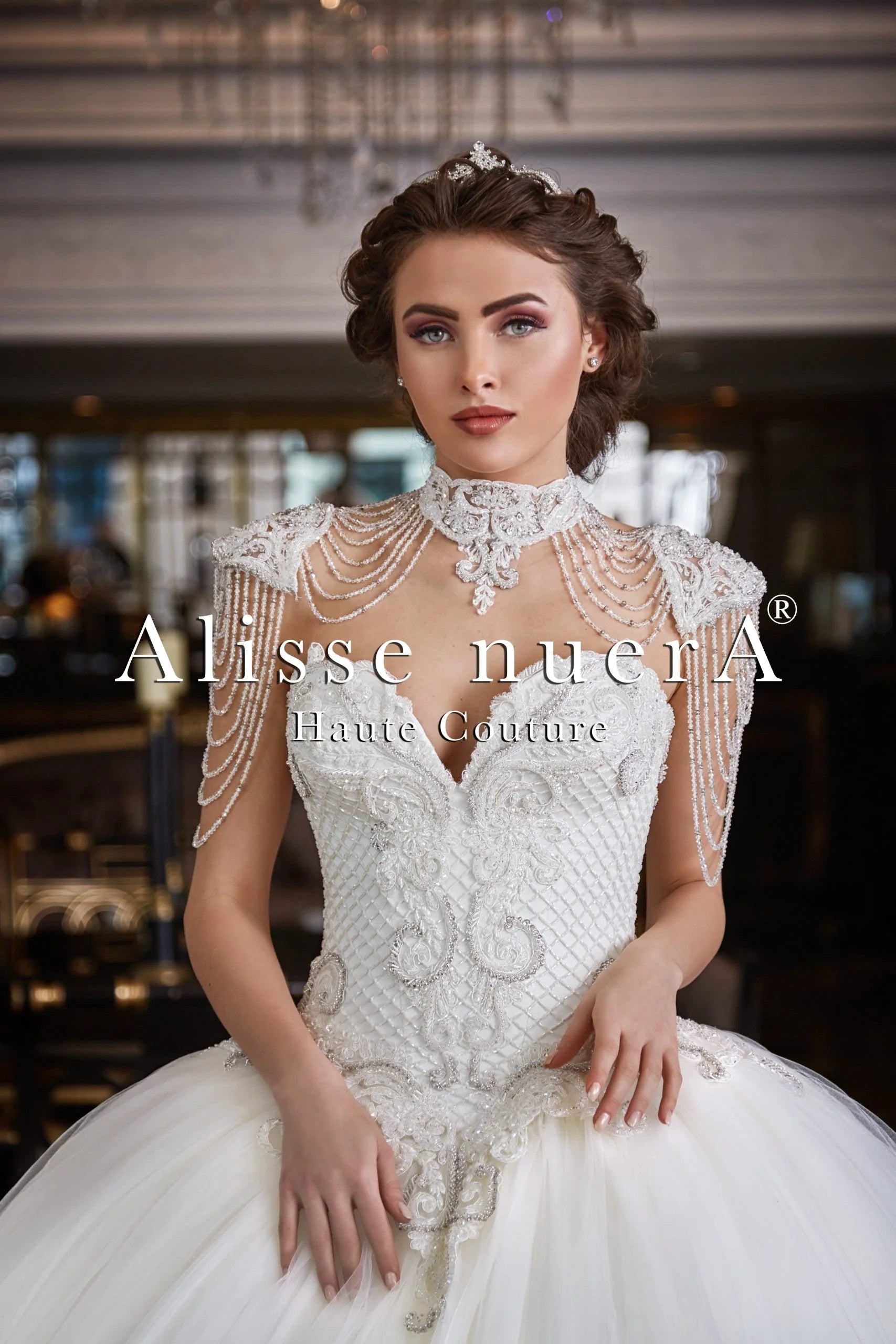 Diamond White Embroidery Wedding Dress with Crystal Beaded Neck