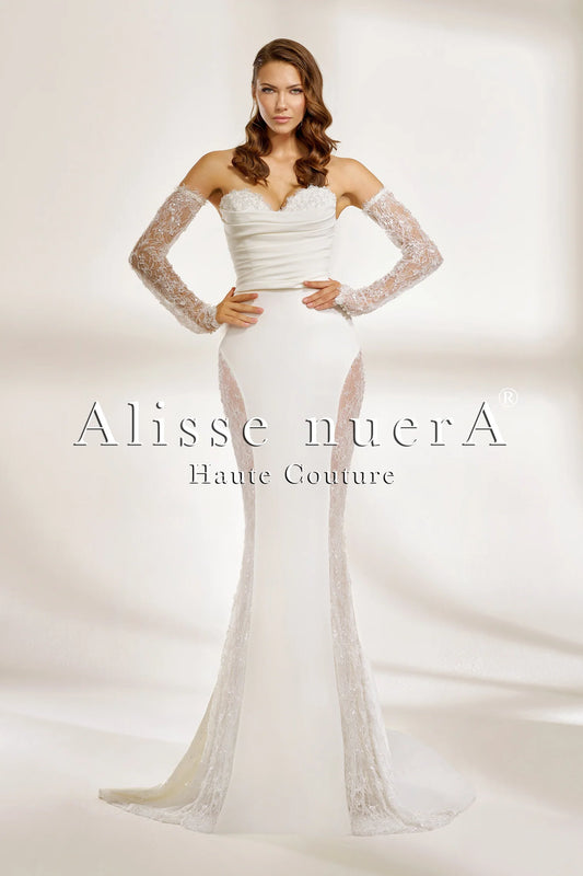 Embroidered Lace Mermaid Wedding Dress with Detachable Sleeves and Chapel Train