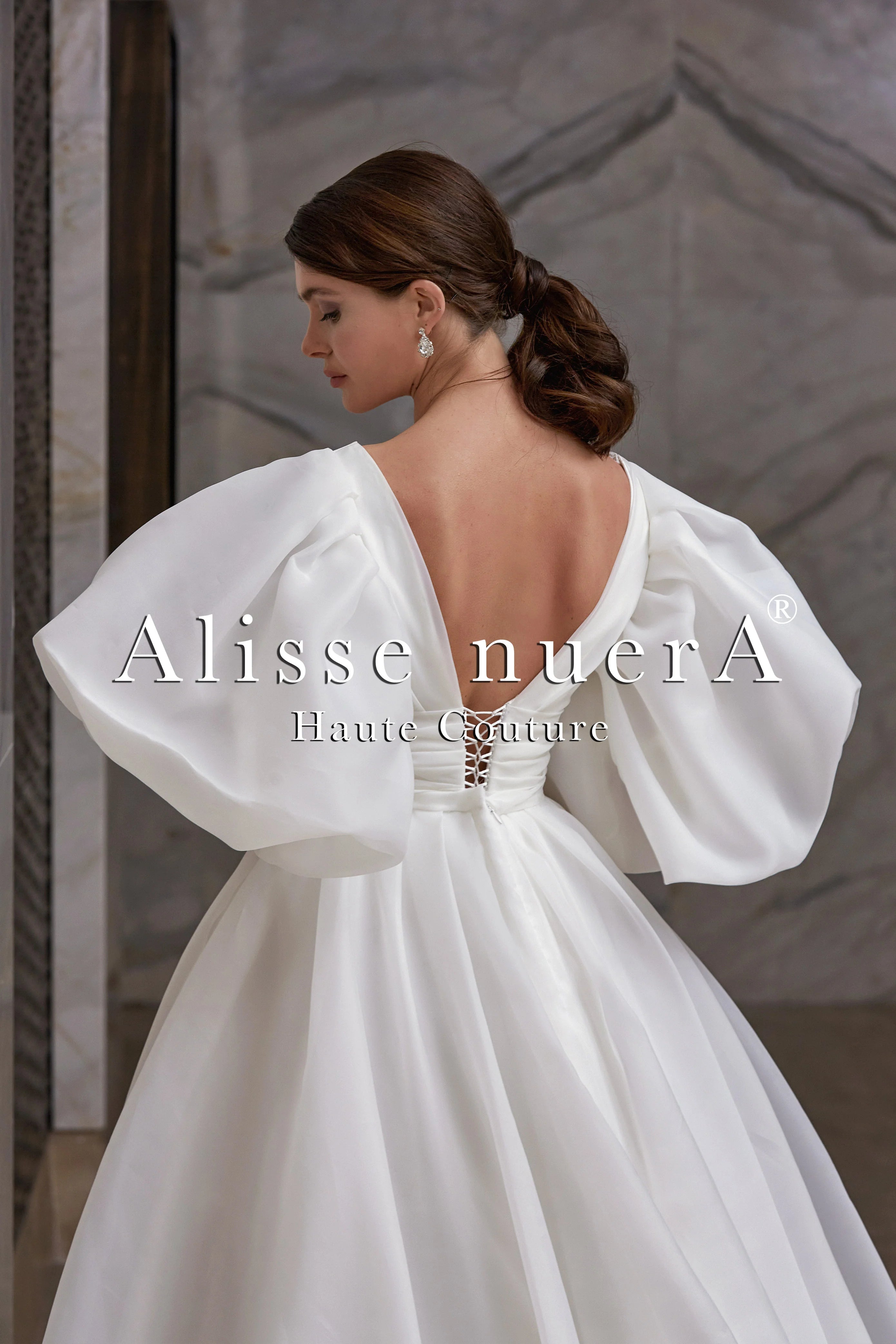 Empire Waist Balloon Sleeve V-Neck Waist Draped Wedding Dress Model 6 / Off White / Tulle Empire Waist Balloon Sleeve V-Neck Waist Draped Wedding Dress Model 6 / Off White / Tulle