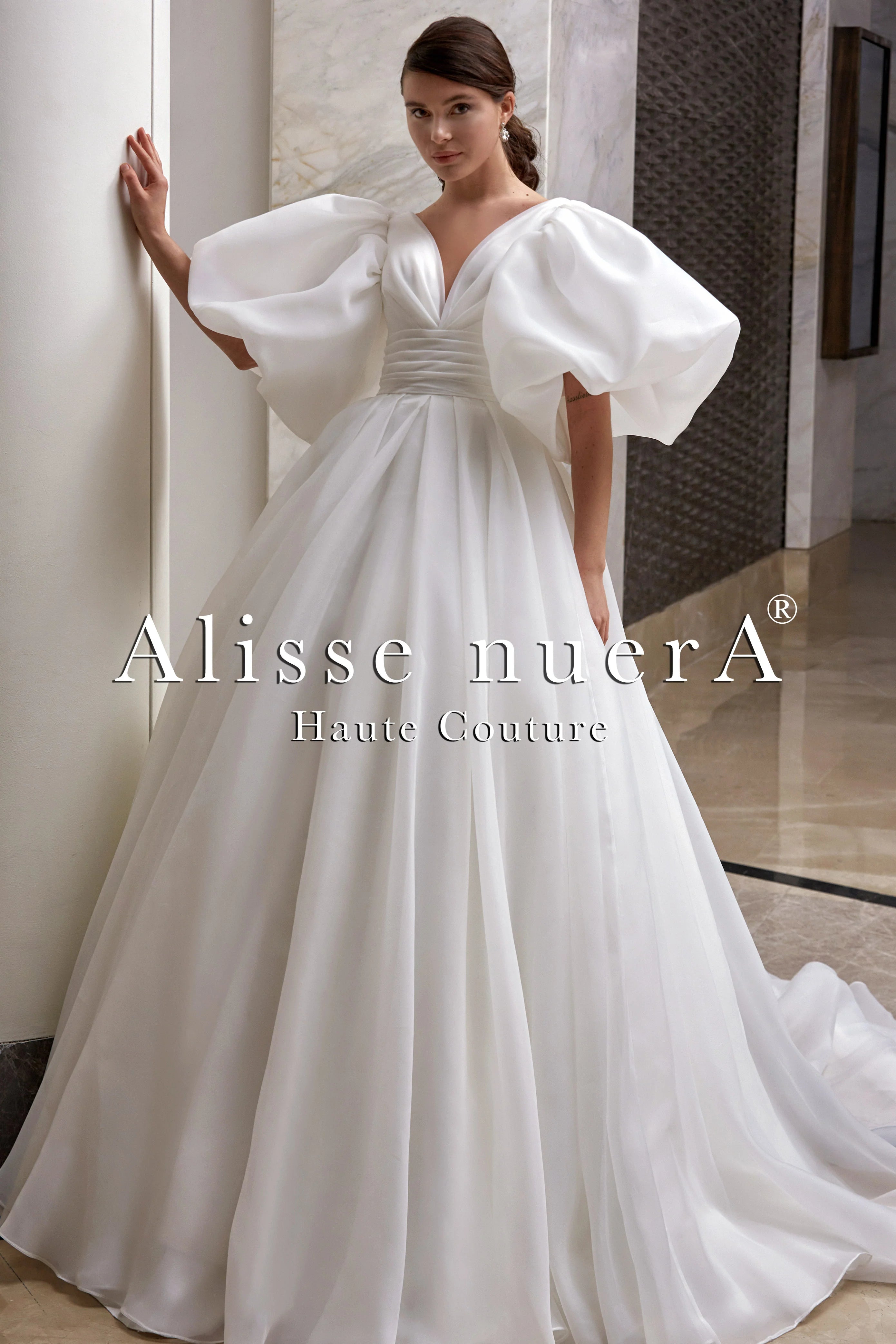 Empire Waist Balloon Sleeve V-Neck Waist Draped Wedding Dress Model 6 / Off White / Tulle Empire Waist Balloon Sleeve V-Neck Waist Draped Wedding Dress Model 6 / Off White / Tulle