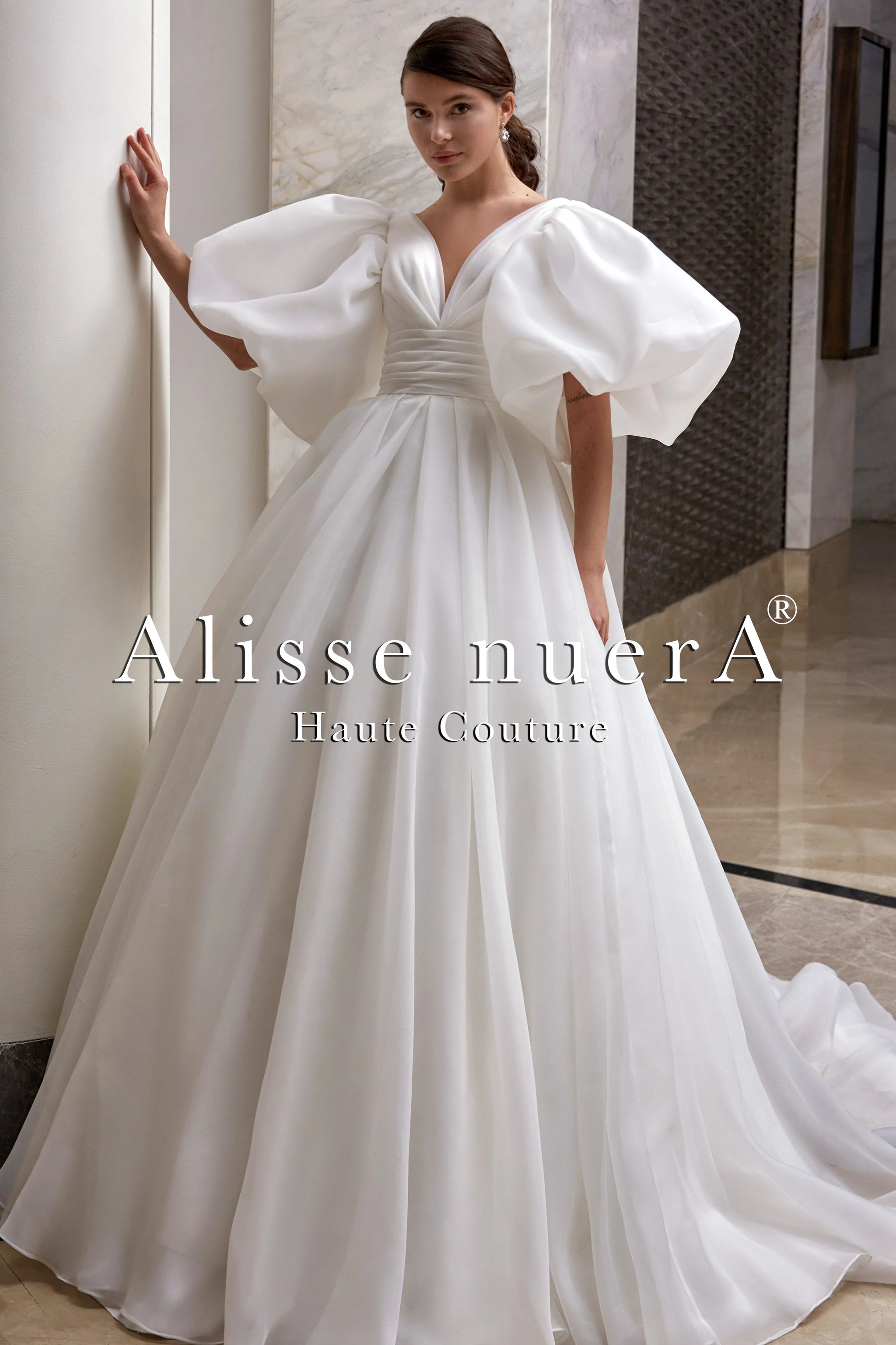 empire waist wedding dress with long sleeves Balloon Sleeve V-Neck Waist Draped Model 6 / Off White / Tulle eras-tour The wedding dress model Size:4Y/5Y KissProm Cami Strap A-Line