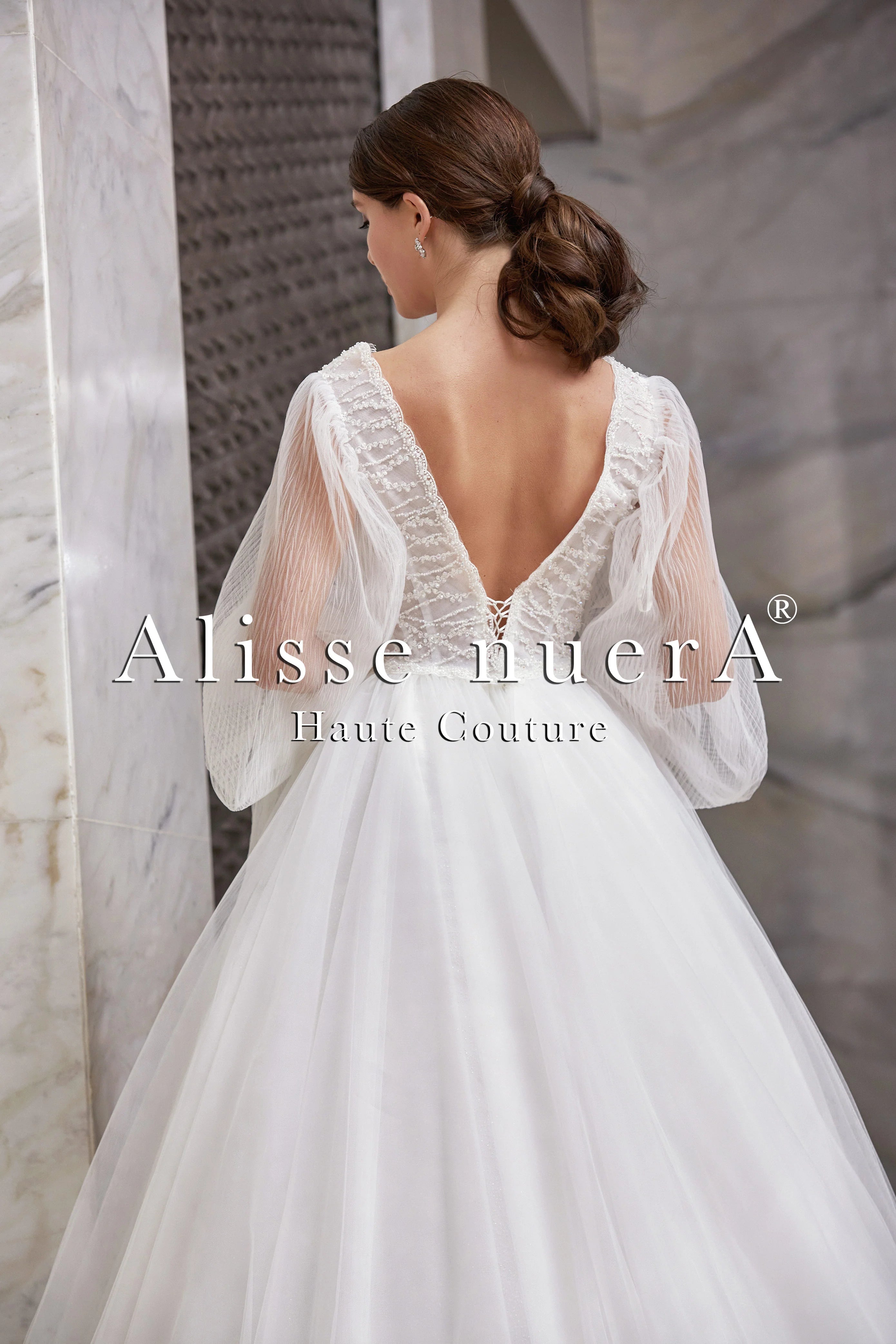 Empire Waist Wedding Dress Model with Long Balloon Sleeves and Deep V-Neck 24 / Off White / Lace / Tulle Empire Waist Wedding Dress Model with Long Balloon Sleeves and Deep V-Neck 24 / Off White / Lace / Tulle