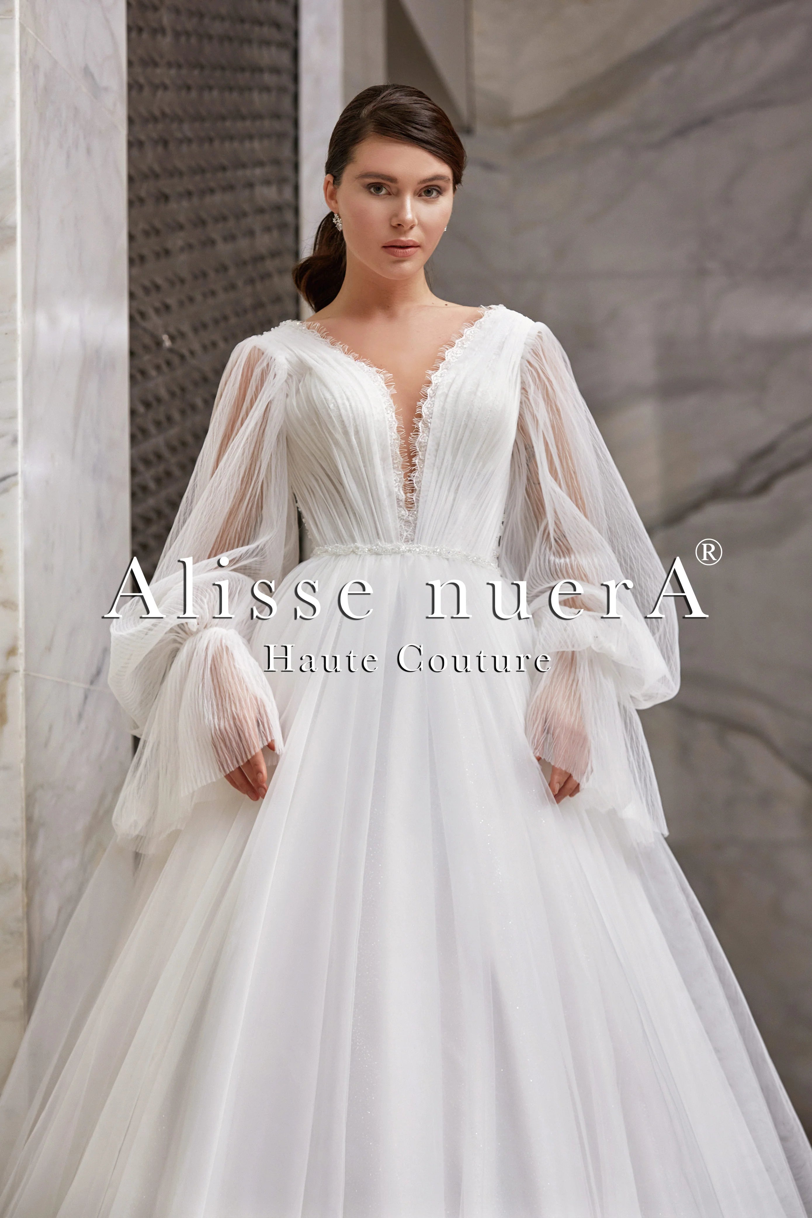 Empire Waist Wedding Dress Model with Long Balloon Sleeves and Deep V-Neck 24 / Off White / Lace / Tulle Empire Waist Wedding Dress Model with Long Balloon Sleeves and Deep V-Neck 24 / Off White / Lace / Tulle