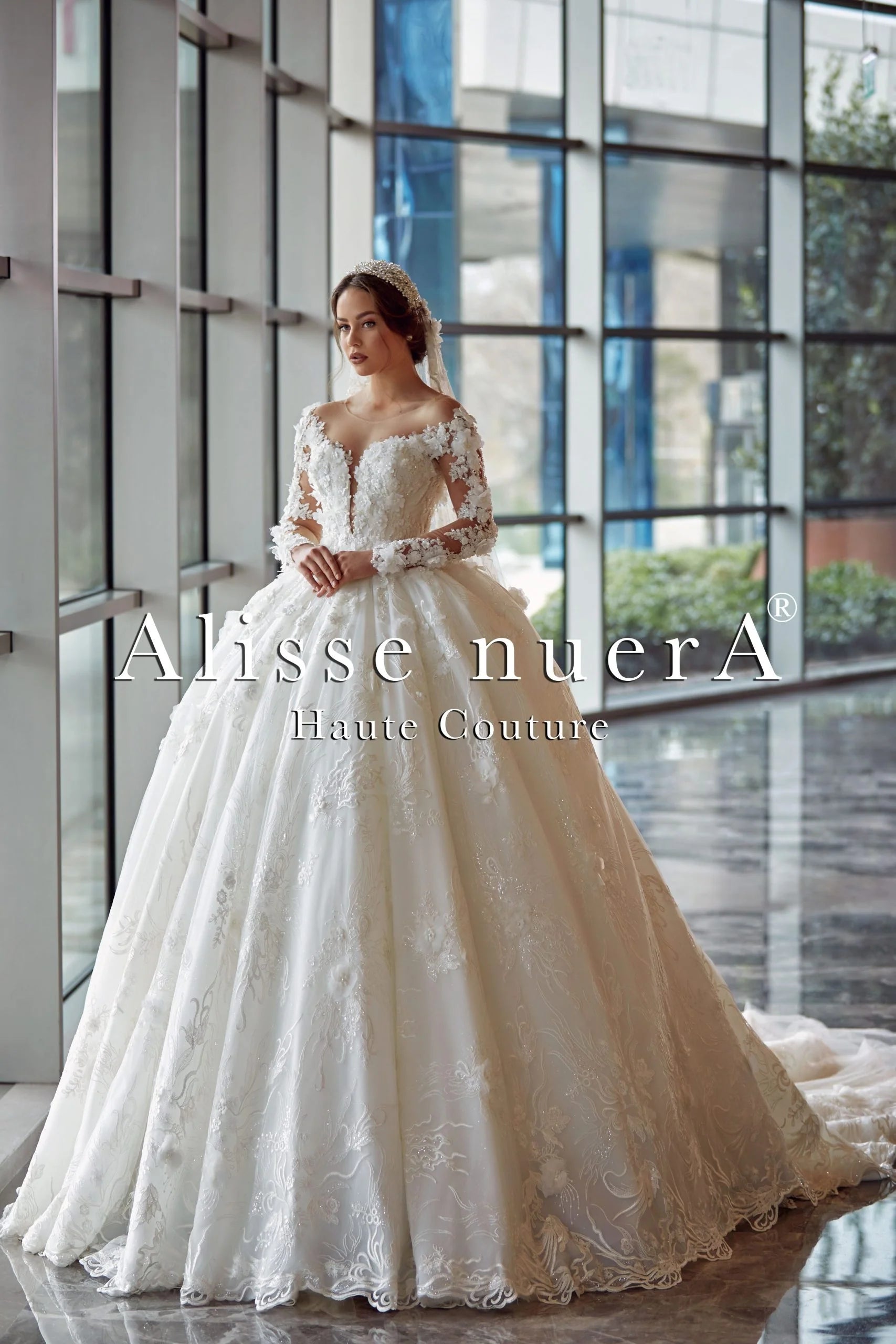 Floral Applique Off White Princess Wedding Dress with Corset Back and Long Lace Train 16 / Off White / Lace