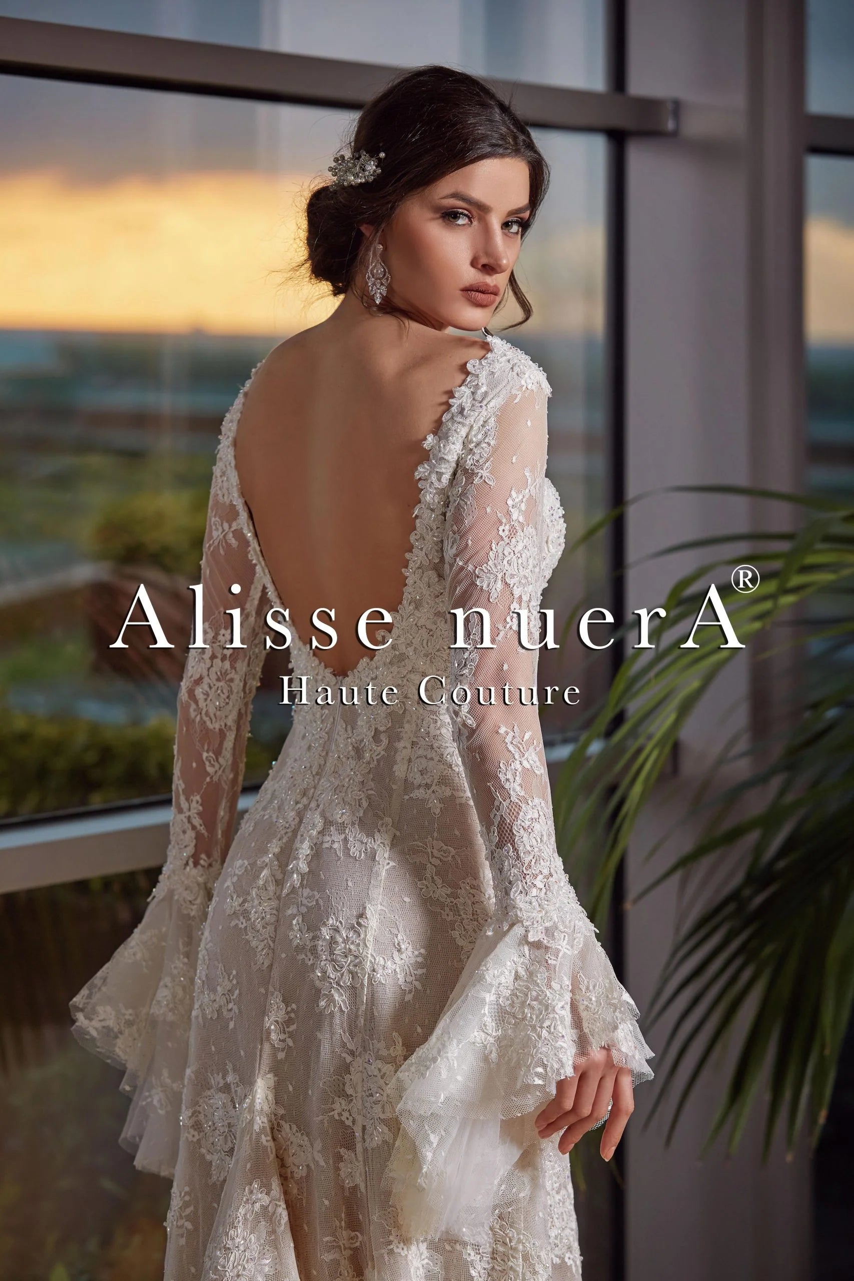 French Lace Vintage Nude Wedding Dress with Flared Sleeves and Lace Tr Alisse Bridal