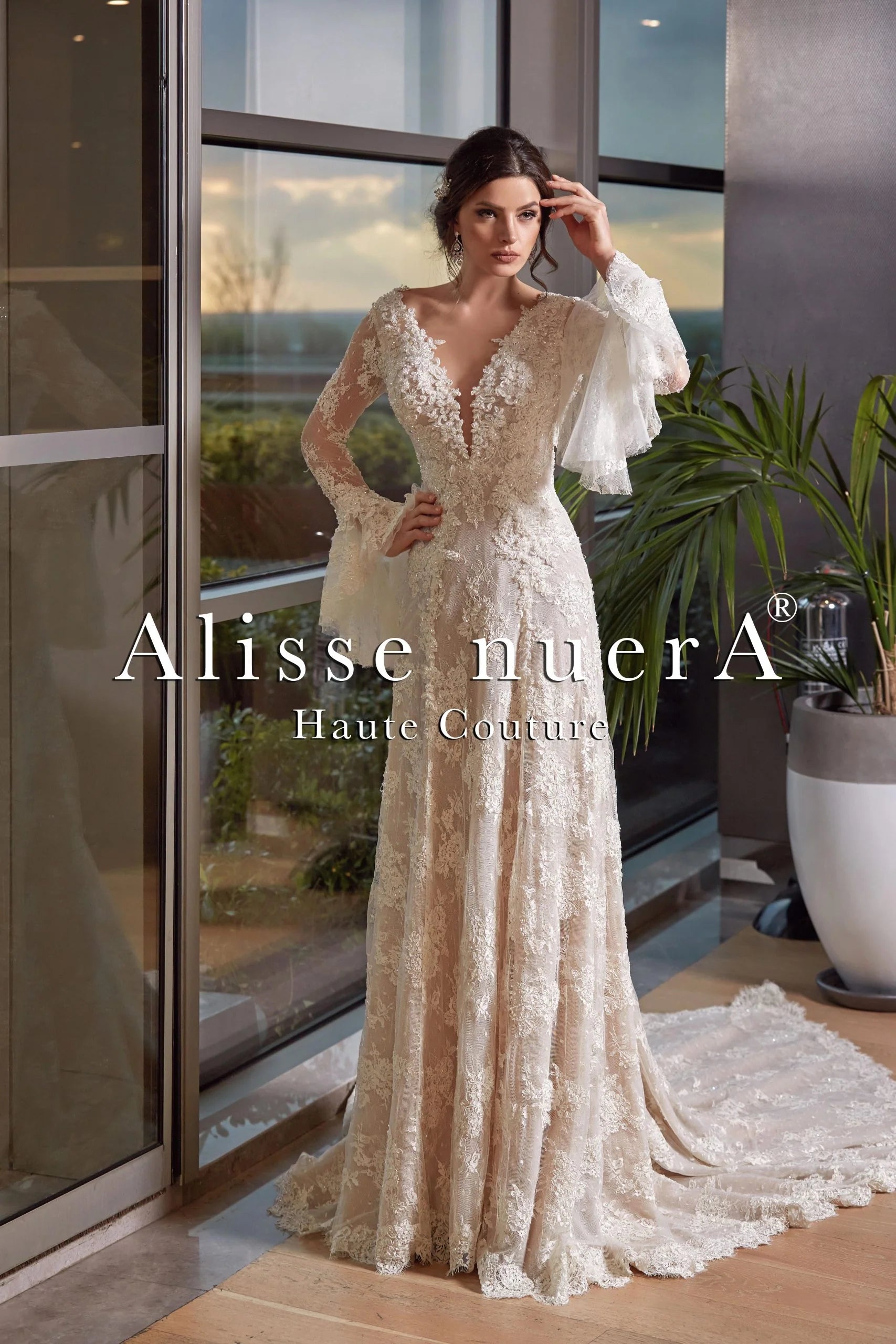 French Lace Vintage Nude Wedding Dress with Flared Sleeves and Lace Train Cream / France Lace / 18 French Lace Vintage Nude Wedding Dress with Flared Sleeves and Lace Train Cream / France Lace / 18