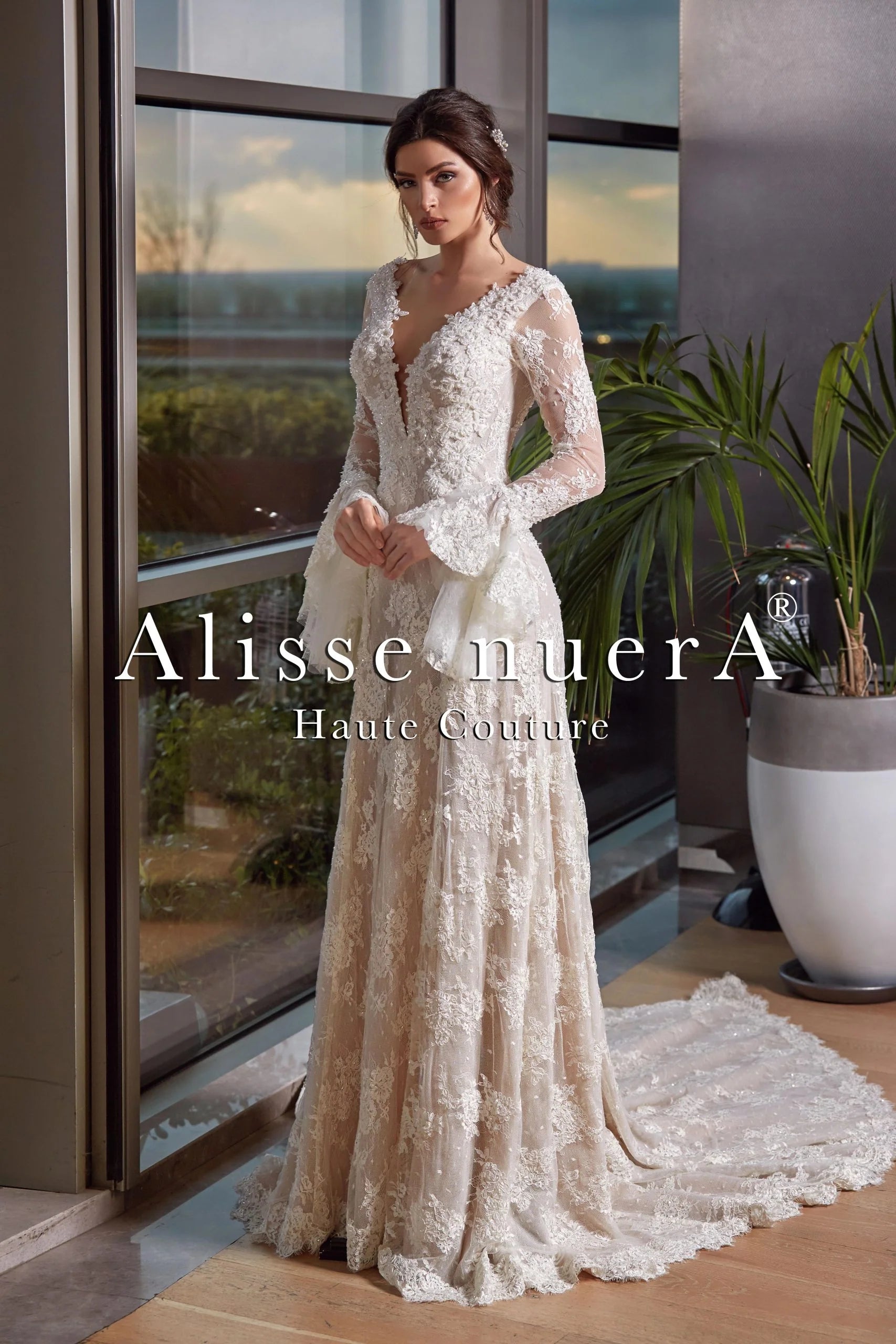 French Lace Vintage Nude Wedding Dress with Flared Sleeves and Lace Train Cream / France Lace / 18