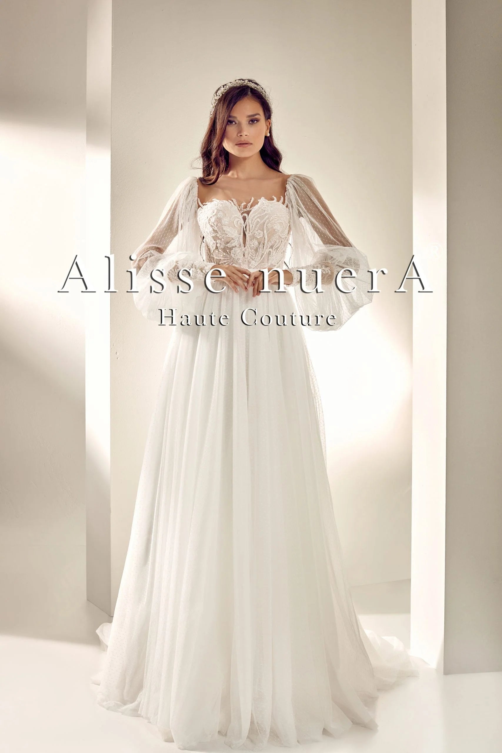 retro bridal dresses Illusion Back Vintage Bridal Dress with Polka Dot Tulle Lantern Sleeve Off White / Tulle / 18