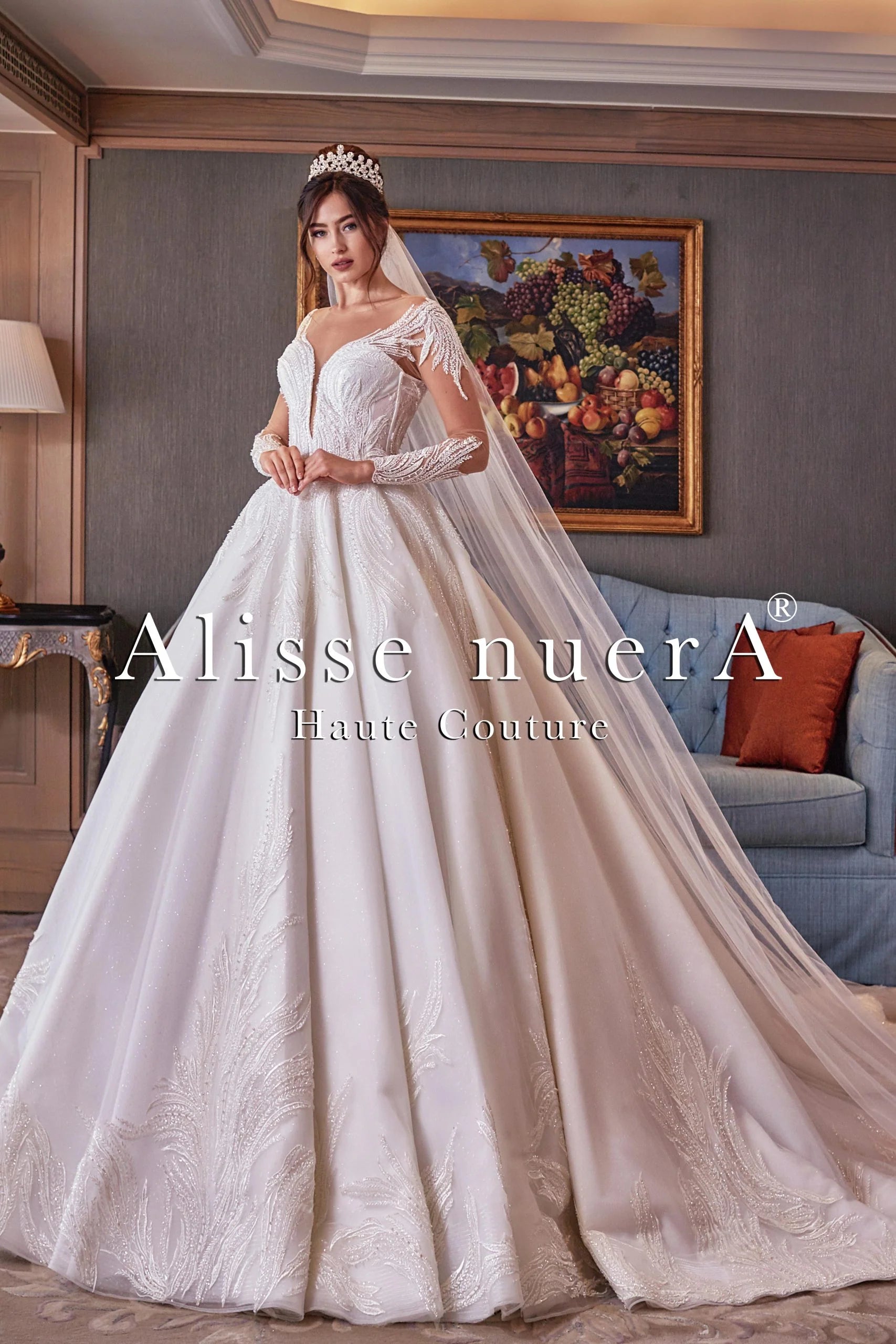 Illusion Sleeve Leaf Design Sparkly Wedding Ball Gown with Decollete Back Off White / Lace / 28 Illusion Sleeve Leaf Design Sparkly Wedding Ball Gown with Decollete Back Off White / Lace / 28