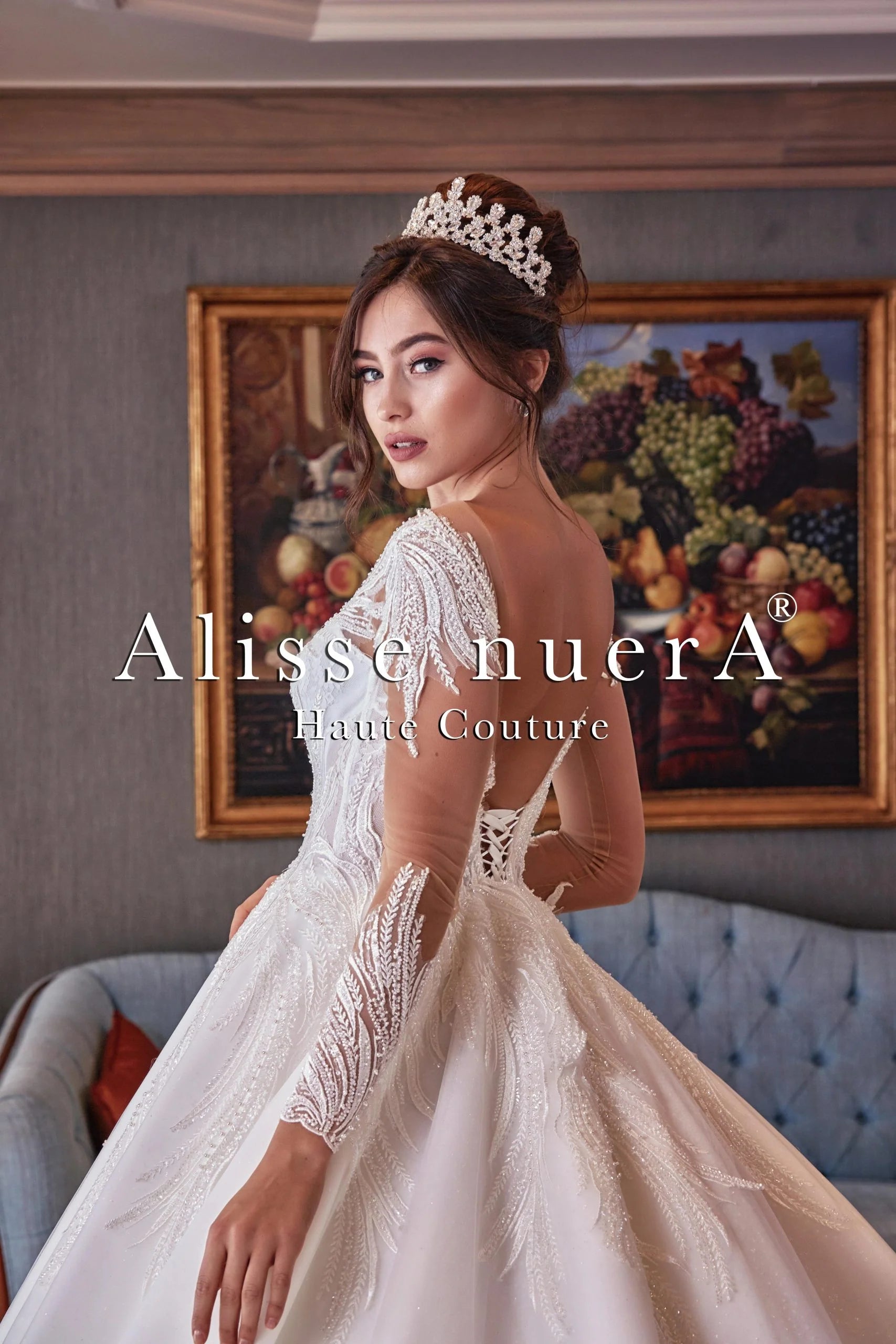 Illusion Sleeve Leaf Design Sparkly Wedding Ball Gown with Decollete Back Off White / Lace / 28