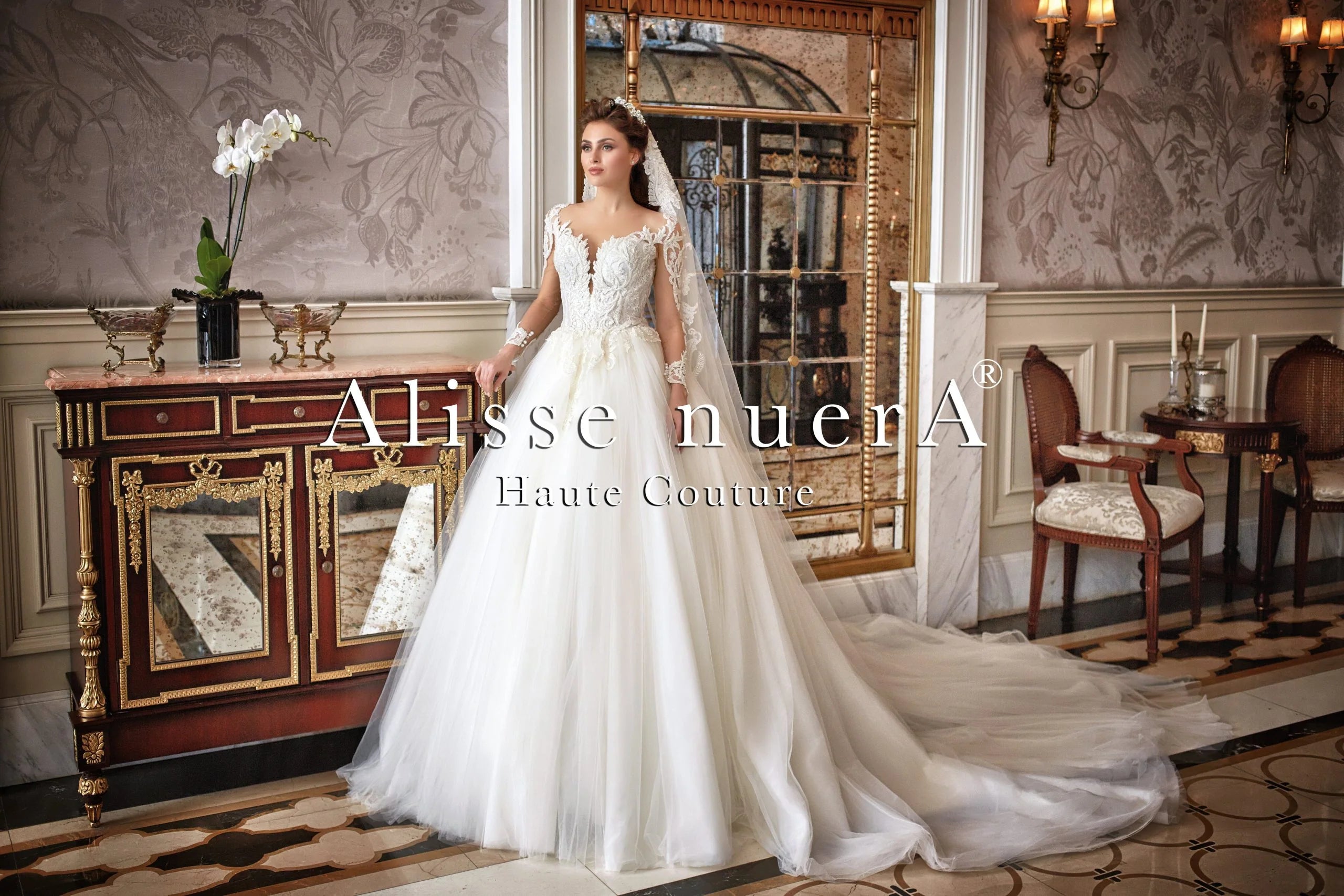 Lace Bishop Sleeve Tulle Skirt Ball Gown Wedding Dress with Lace Scalloped Tulle Bridal Veil Off White / Lace / Tulle / 16 Lace Bishop Sleeve Tulle Skirt Ball Gown Wedding Dress with Lace Scalloped Tulle Bridal Veil Off White / Lace / Tulle / 16