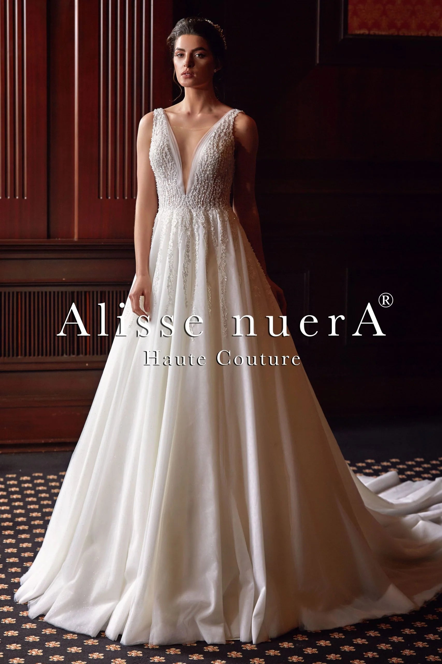 Lace Embroidered Deep V Neckline Empire Waist Wedding Dress Off White / Lace / 12 Lace Embroidered Deep V Neckline Empire Waist Wedding Dress Off White / Lace / 12