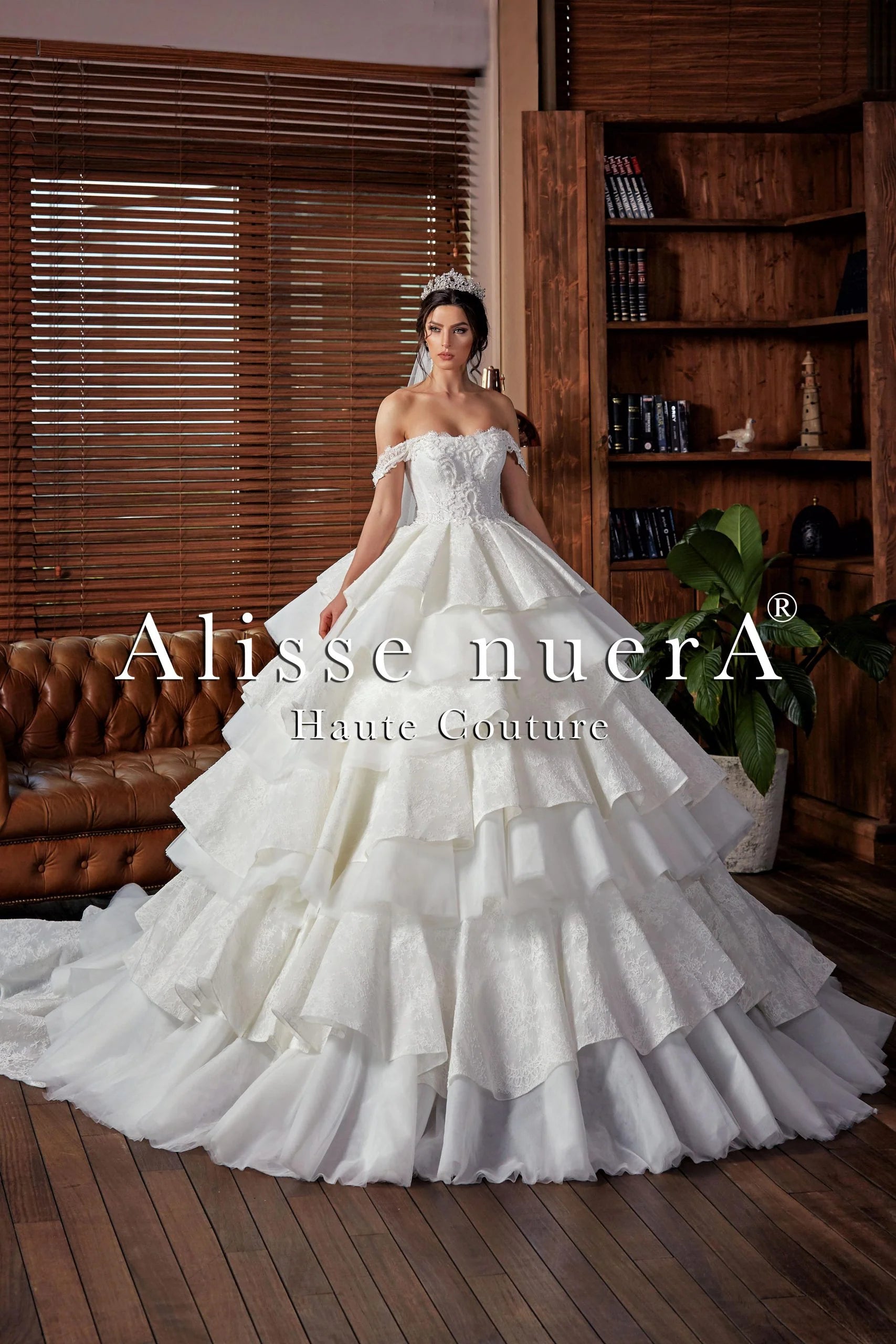 Lace and Tulle Layered Ruffle Wedding Dress with Off the Shoulder Lace Applique