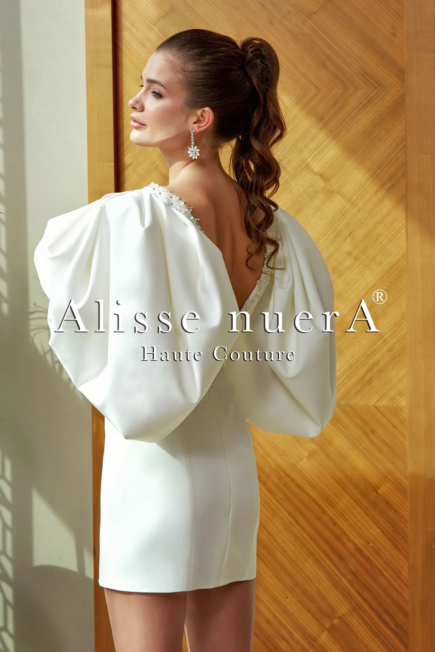 Long Balloon Sleeve Deep V Neck Satin Mini Wedding Dress Model Saten / White / 10 Long Balloon Sleeve Deep V Neck Satin Mini Wedding Dress Model Saten / White / 10