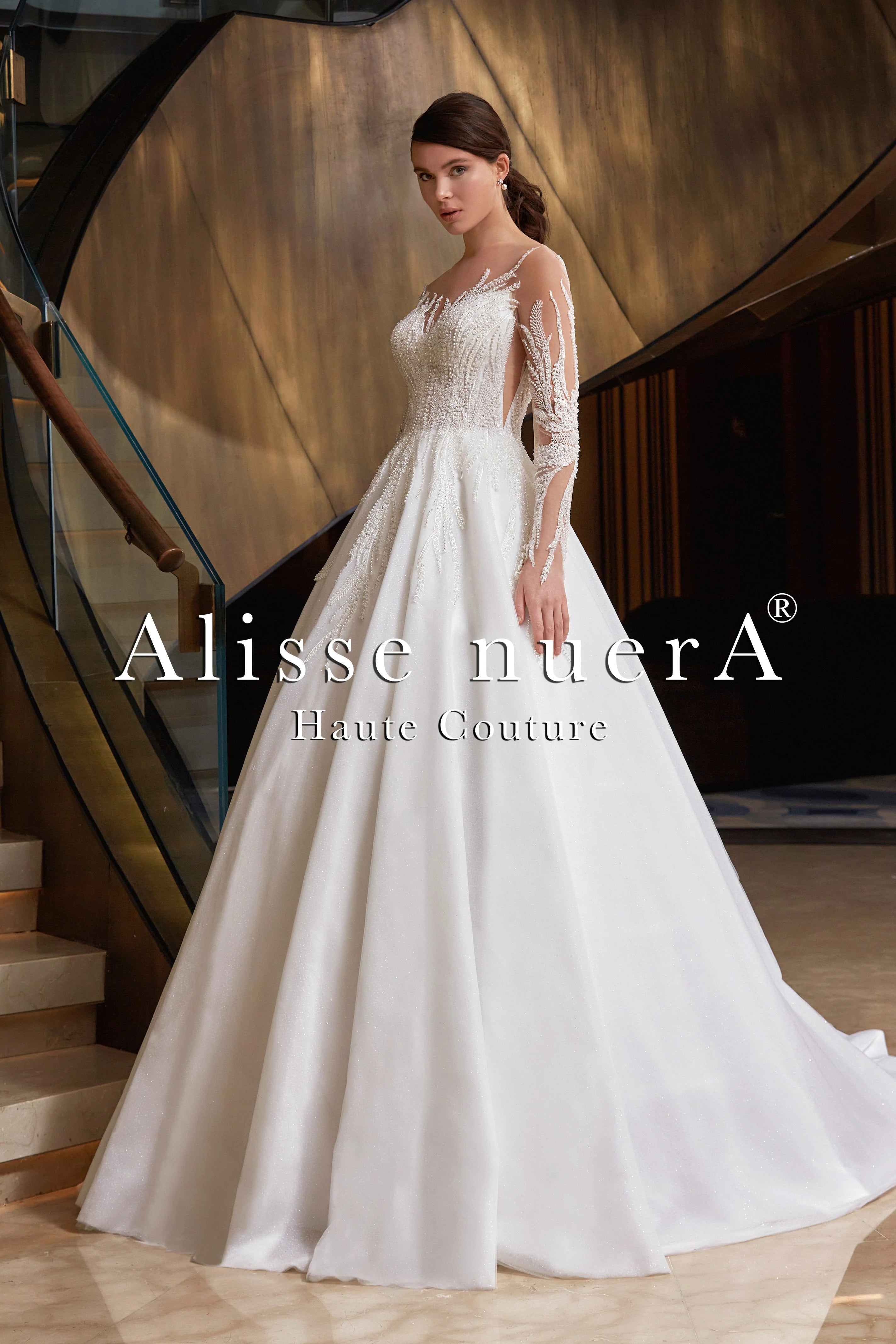 Long Sleeve Illusion Beaded Leaves A Line Snow White Bridal Gown