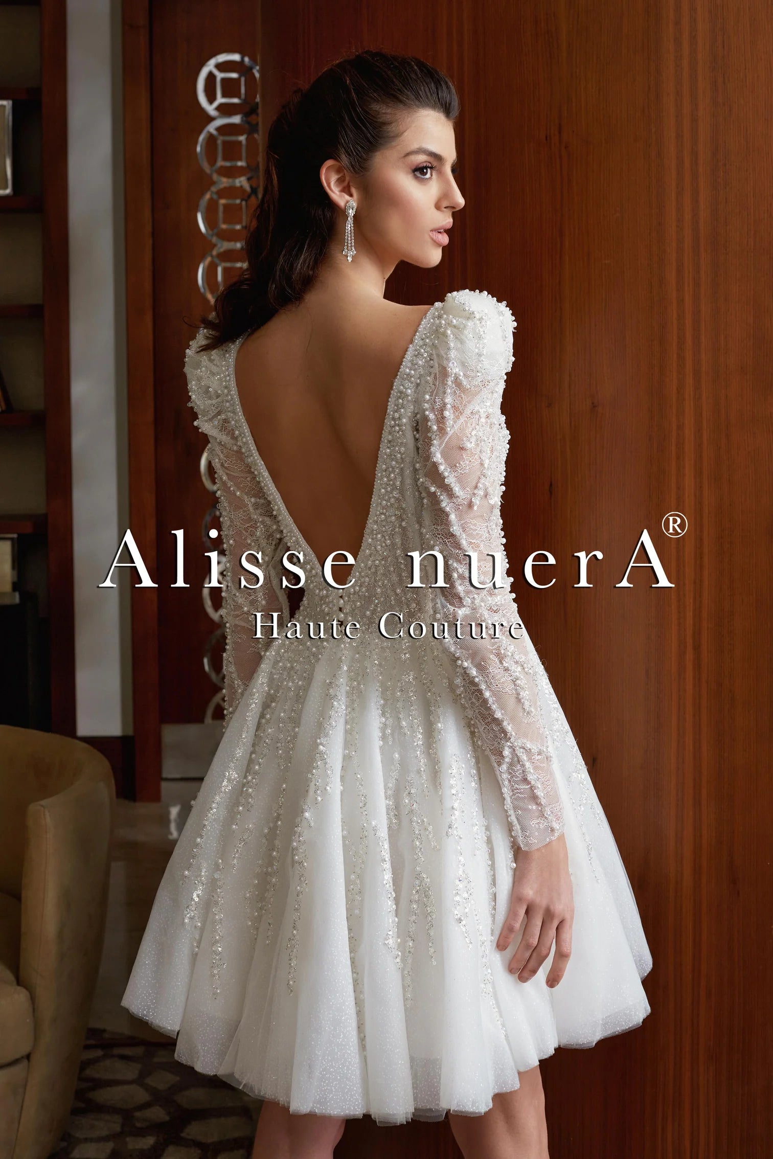 Long Sleeve Pearl Embroidered Padded Mini Boat Neck Wedding Dress Model Tulle / White / 14 Long Sleeve Pearl Embroidered Padded Mini Boat Neck Wedding Dress Model Tulle / White / 14