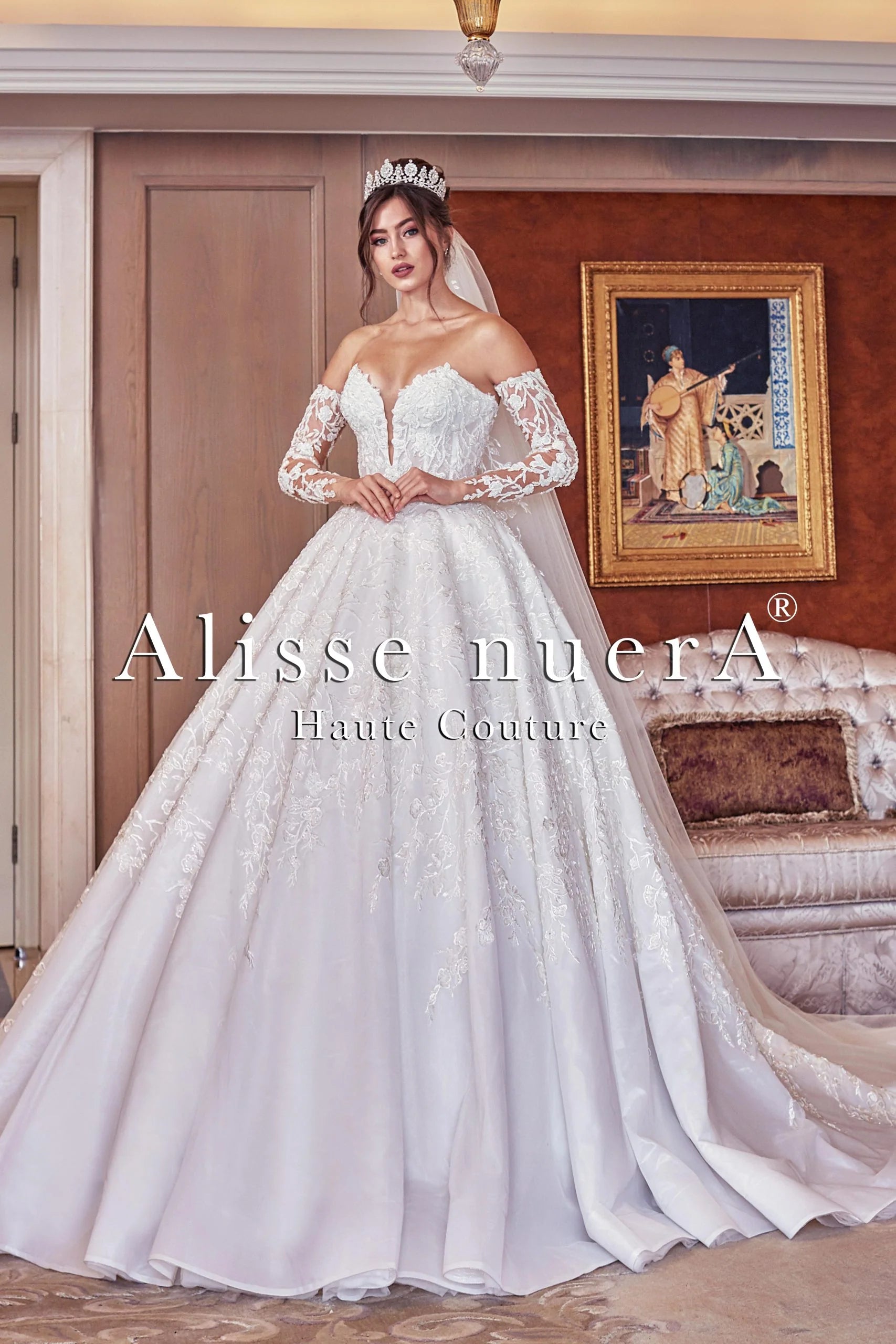 Off Shoulder Long Sleeve Romantic Wedding Dress with Princess Silhouette Off White / Lace / 4 Off Shoulder Long Sleeve Romantic Wedding Dress with Princess Silhouette Off White / Lace / 4