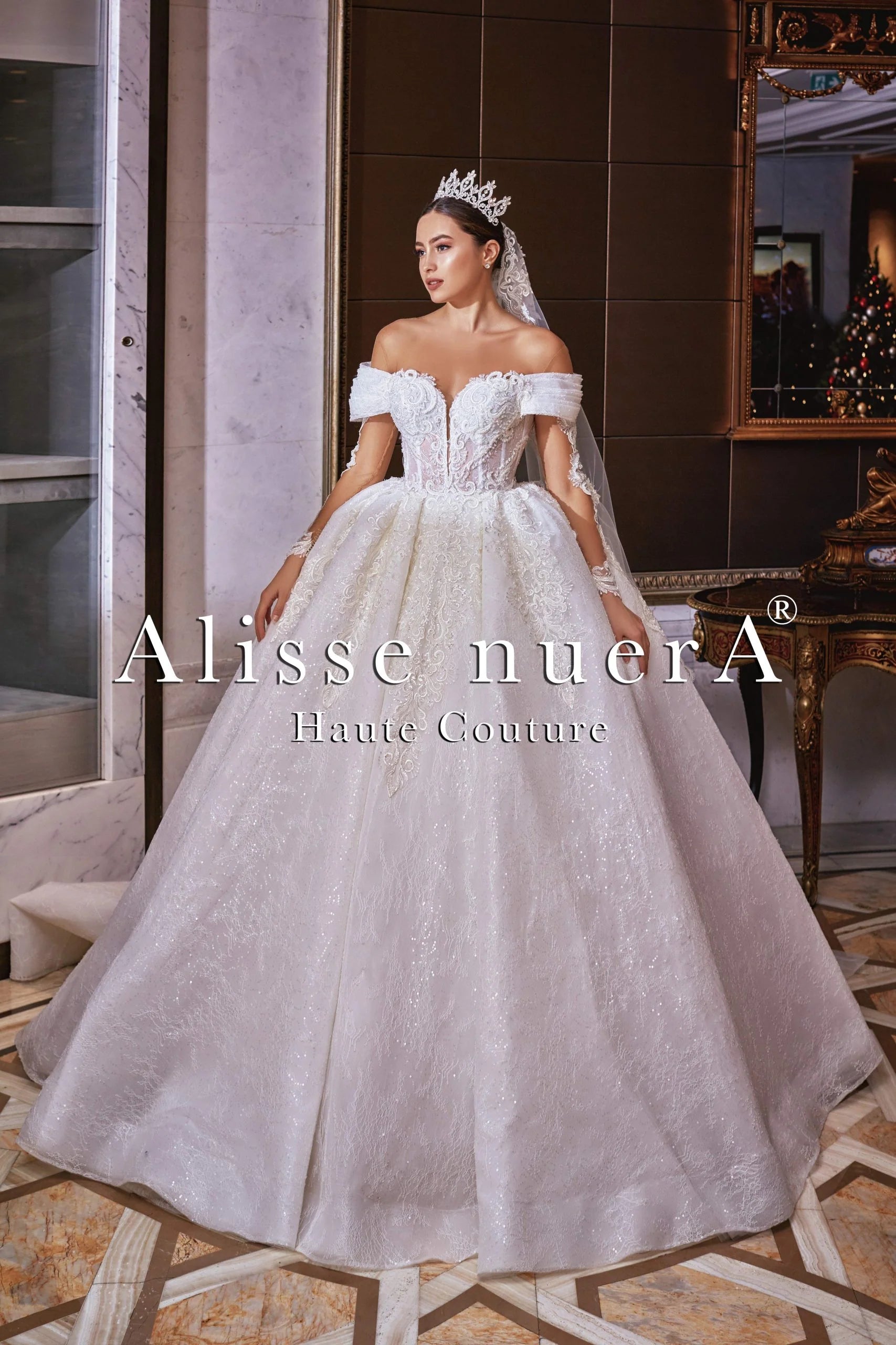 Off Shoulder Puff Sleeve Shimmering Tulle and Lace Bridal Gown