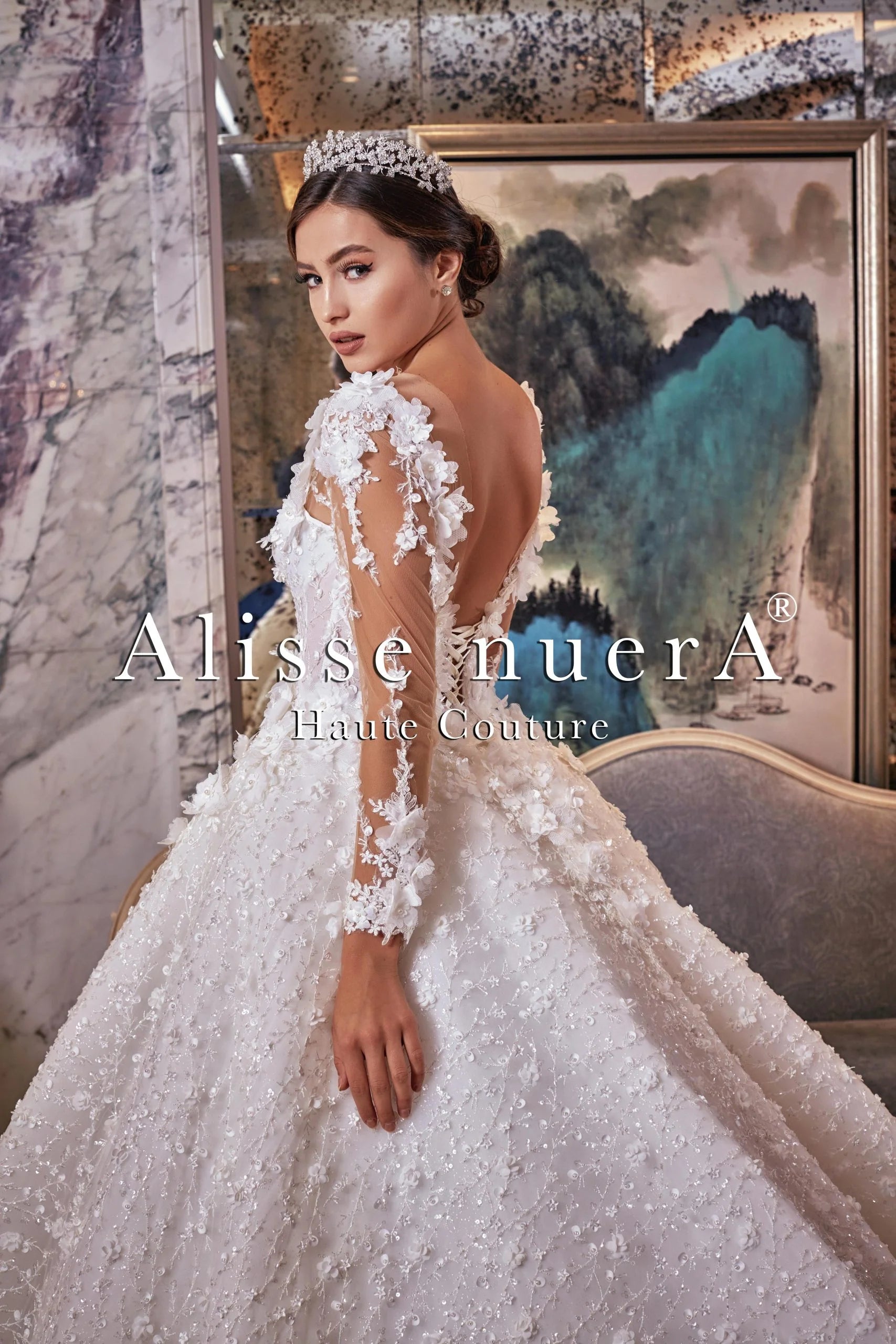 Off White 3D Floral Wedding Gown with Long Sleeve Off White / Lace / 30 Off White 3D Floral Wedding Gown with Long Sleeve Off White / Lace / 30