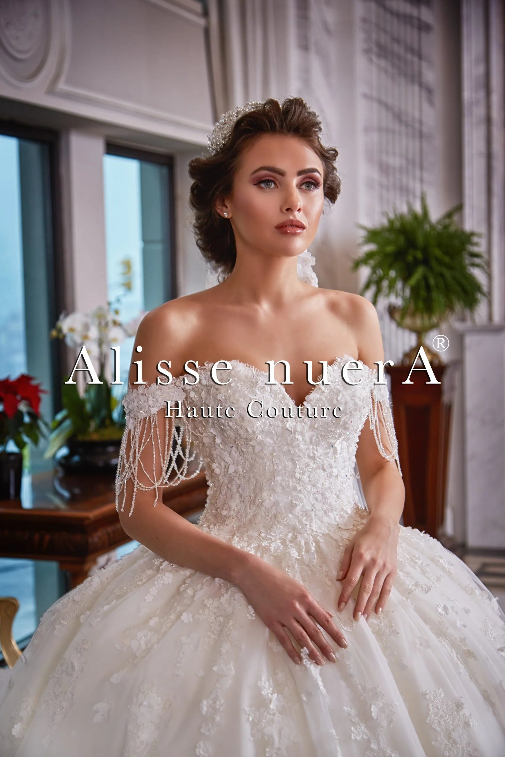 Off White Garden Wedding Dress with Fringe Beaded Sleeve and Short Floral Bridal Veil 10 / Lace / Off White