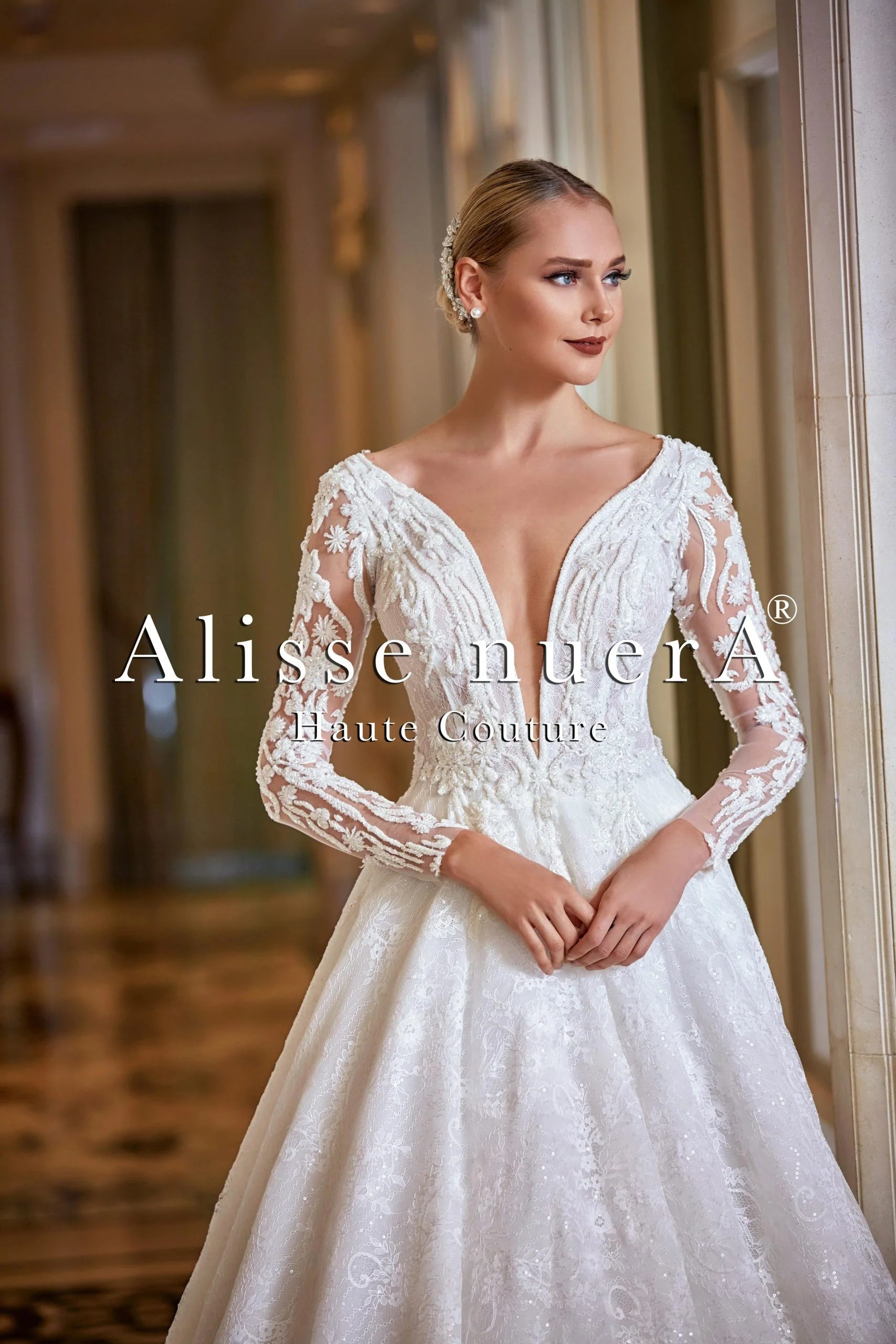 Off White Long Sleeve Plunging Neck A Line Bridal Dress with Court Train Off White / Lace / 28 Off White Long Sleeve Plunging Neck A Line Bridal Dress with Court Train Off White / Lace / 28